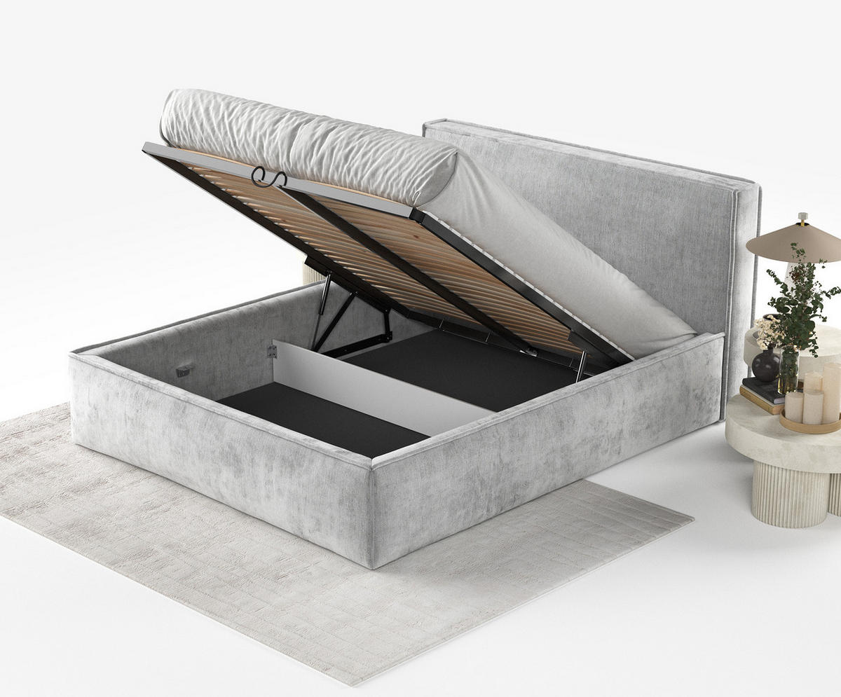 POLSTERBETT Lounge Hellgrau 180/200 cm im Chenille-Stoff - Hellgrau/Schwarz, Holz/Holzwerkstoff (180/200cm) - Maison de Reve