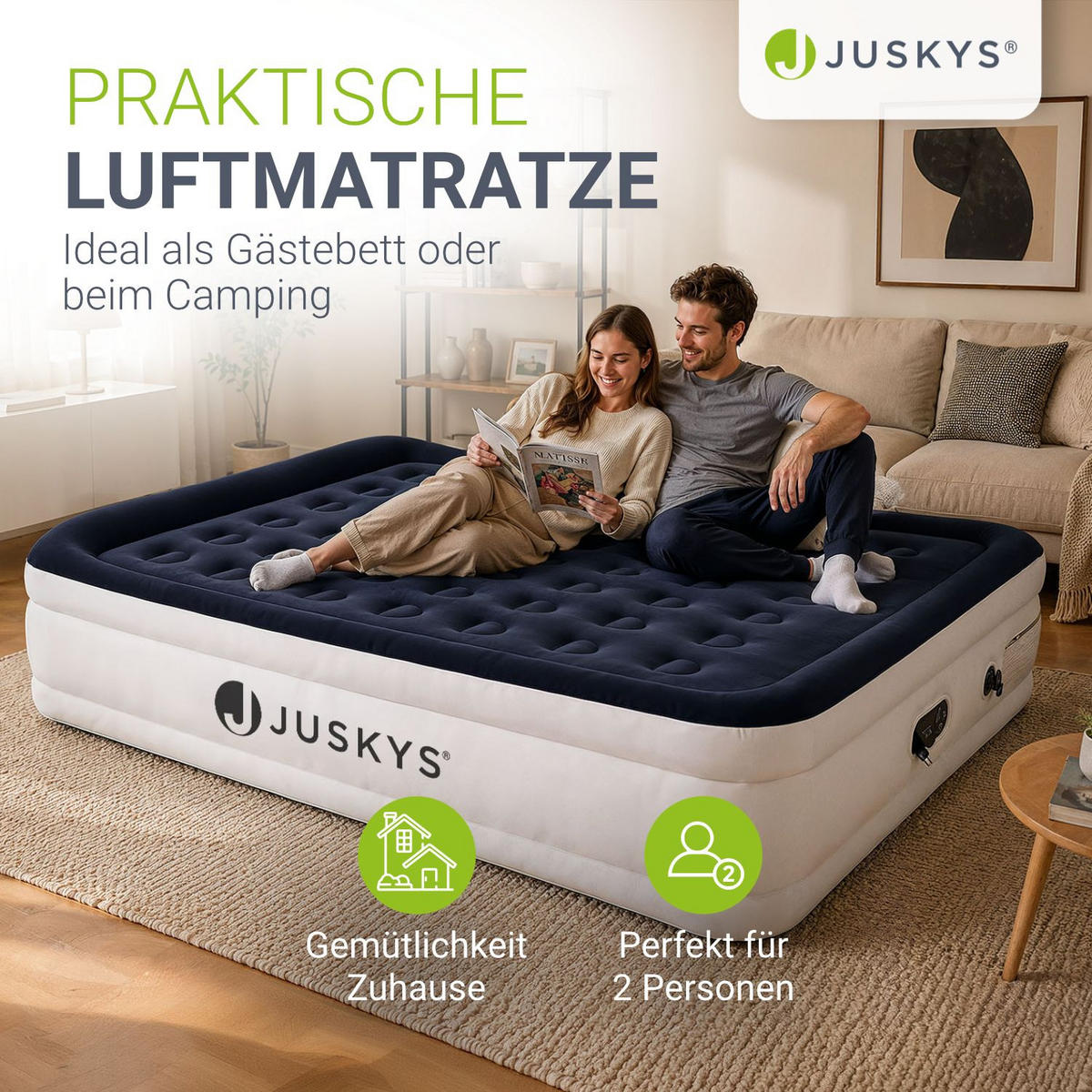 LUFTBETT Sapri L blau / weiß inkl. Tragetasche - Weiß, Kunststoff (154/197cm) - Juskys