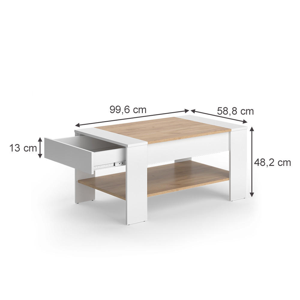 COUCHTISCH August Goldkraft Eiche/Weiß 99.6 x 58.8 cm mit Schublade - Eiche Wotan/Weiß, Holzwerkstoff (58.8/99.6/48.2cm) - Vicco