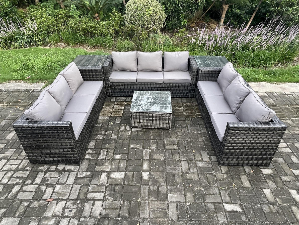 GARTENTISCHGRUPPE Polyrattan 9-Sitzer - Dunkelgrau, Metall - Fimous