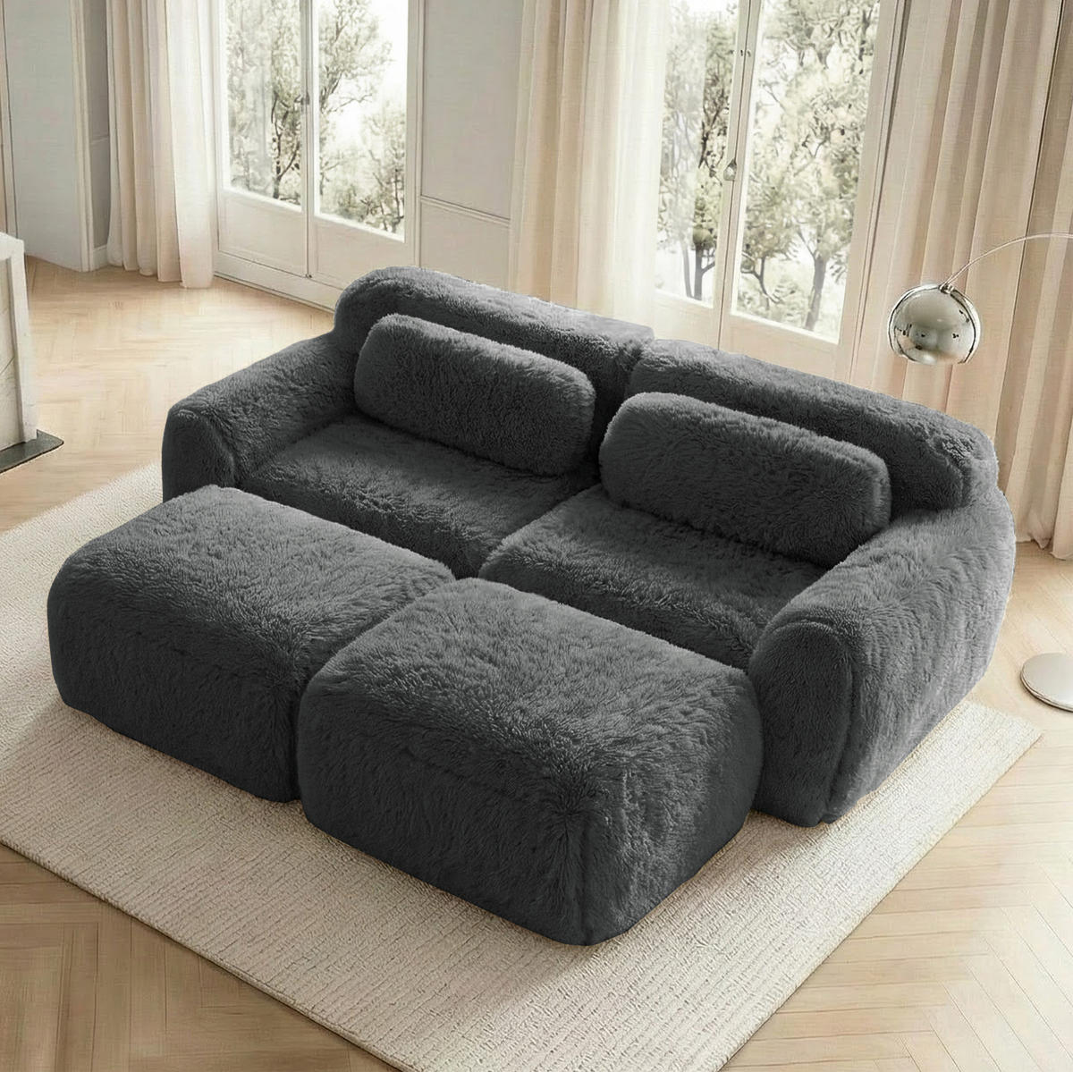 SOFA modular mit 2 Ottomans Plüsch Grau - Grau, Kunststoff (179/73/204.1cm) - Meubliv