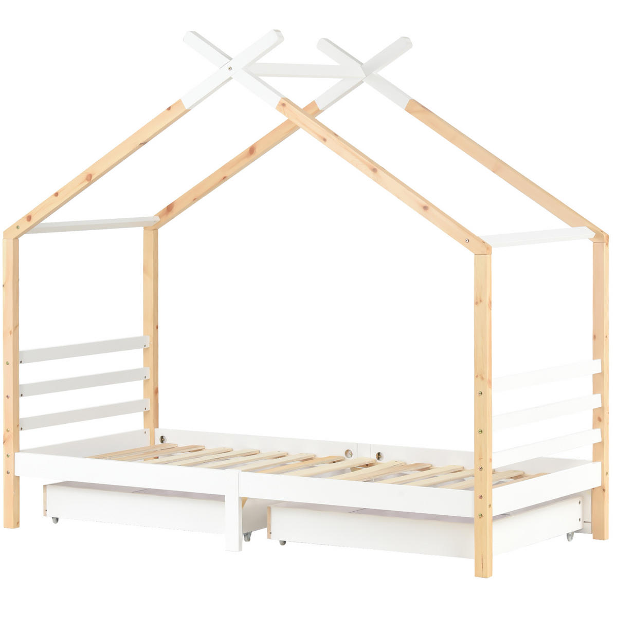 KINDEREINZELBETTEN aus Kiefer-Massivholz 90x200 cm in Weiß mit Schubladen - Weiß, Holz (90/200cm) - Modfu