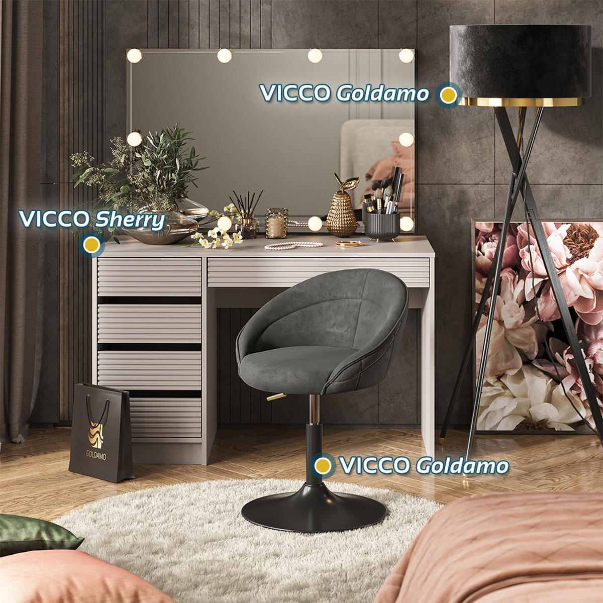 HOCKER Goldamo Anthrazit 45 x 79 cm drehbar 360 Grad - Anthrazit, Textil (45/79/45cm) - Vicco