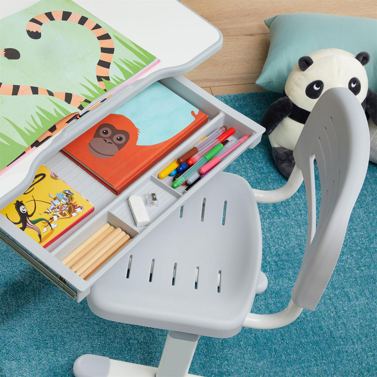 KINDERSCHREIBTISCHSET TUTTO WEISS/GRAU - Weiß/Grau, Holzwerkstoff/Metall (65/54/47cm) - CARO-Möbel