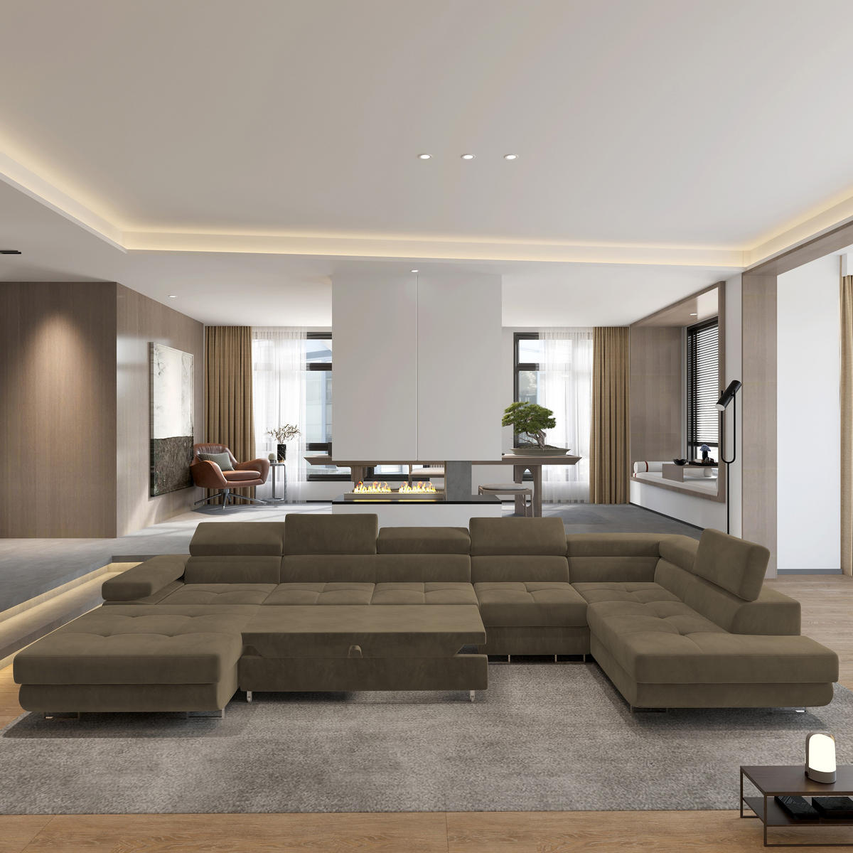 WOHNLANDSCHAFT VELORA R-S Beige Velours-Stoff mit Schlaffunktion - Beige, Holz (419/90/202cm) - MASSENO