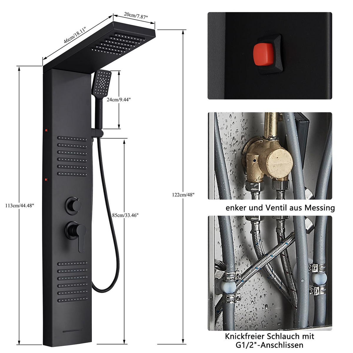 ÜBERKOPFBRAUSESET Schwarz LED Regendusche Massagedüsen - Schwarz, Metall (20/122/46cm) - Kaket
