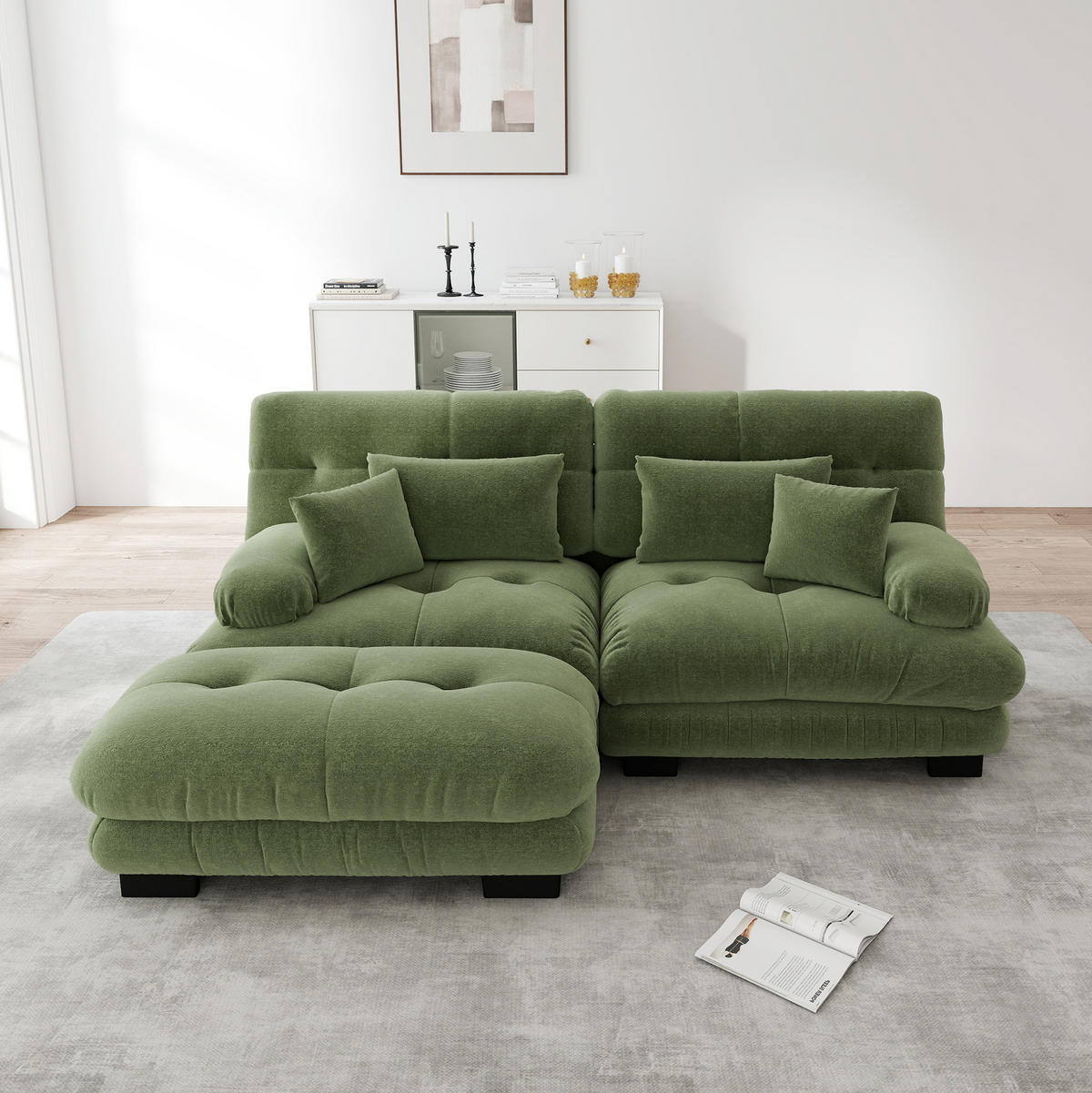 ECKSOFA 220/145/81 cm grün aus Chenille mit Ottomane und Kissen - Grün, Textil (145/220cm) - OKWISH