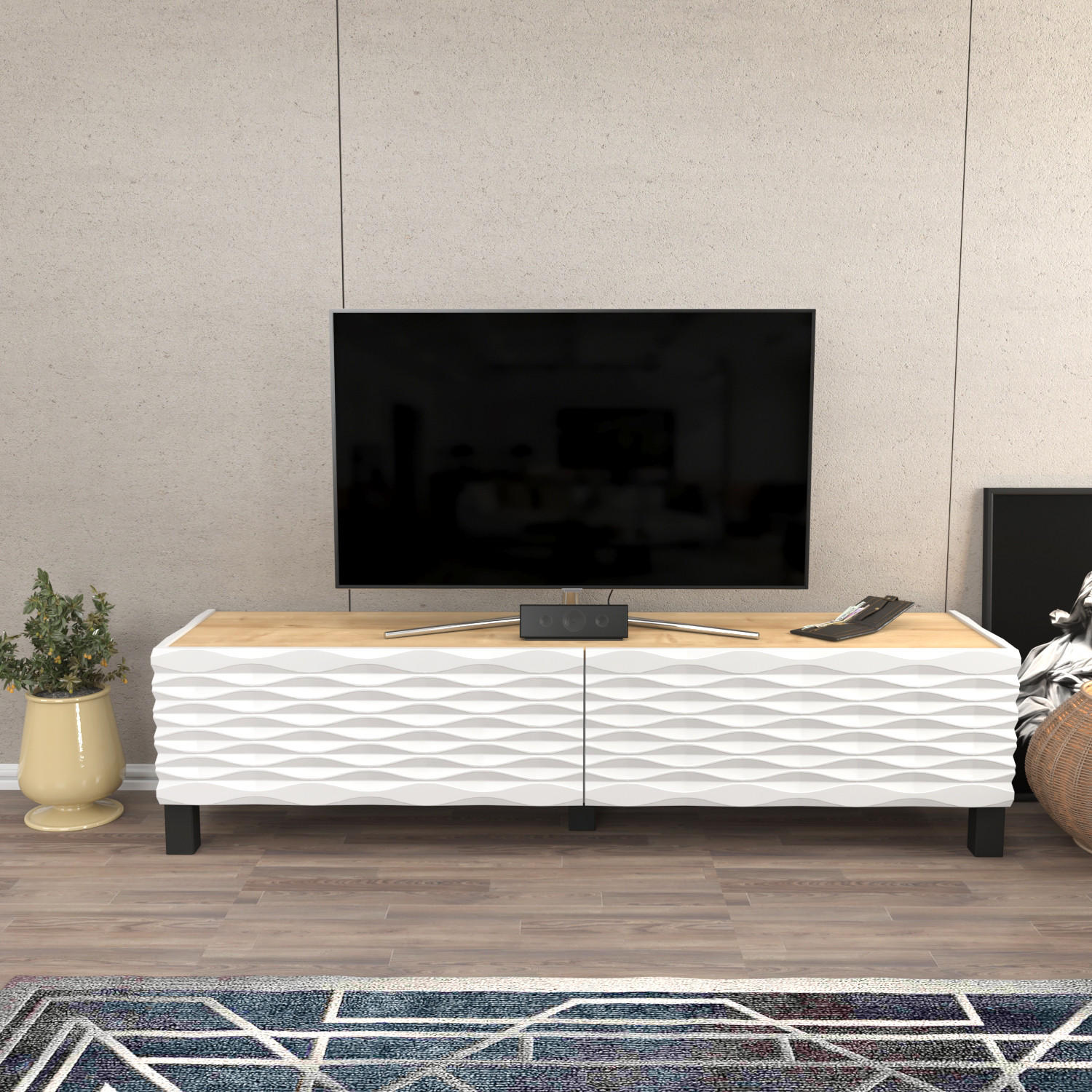 TV-ELEMENT Lerze Oake Weiß - Hellbraun/Weiß, Holzwerkstoff (149.2/38/35cm) - Decorotika