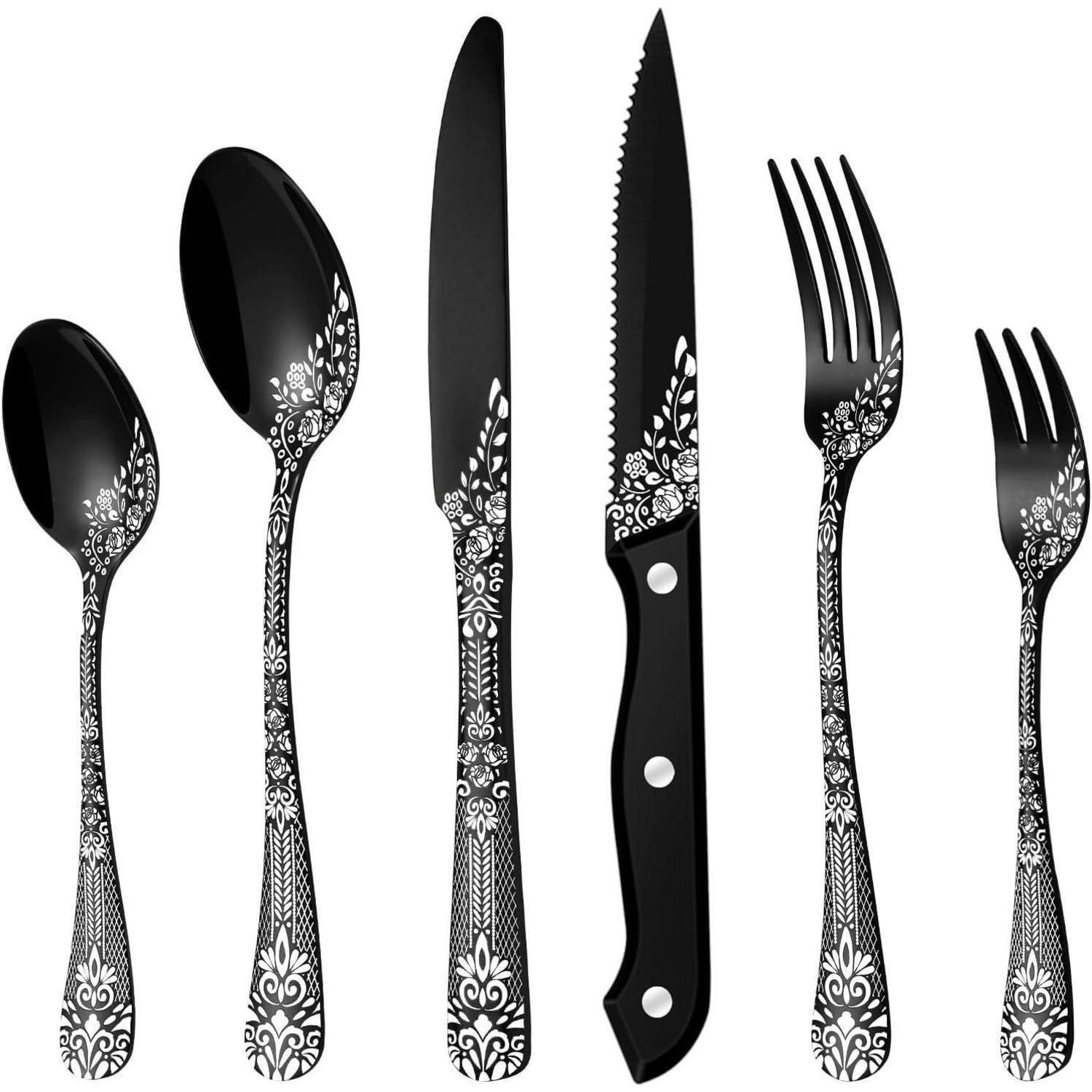 BESTECKSET 36-teilig für 6 Personen Schwarz mit Blumenmuster - Schwarz, Metall