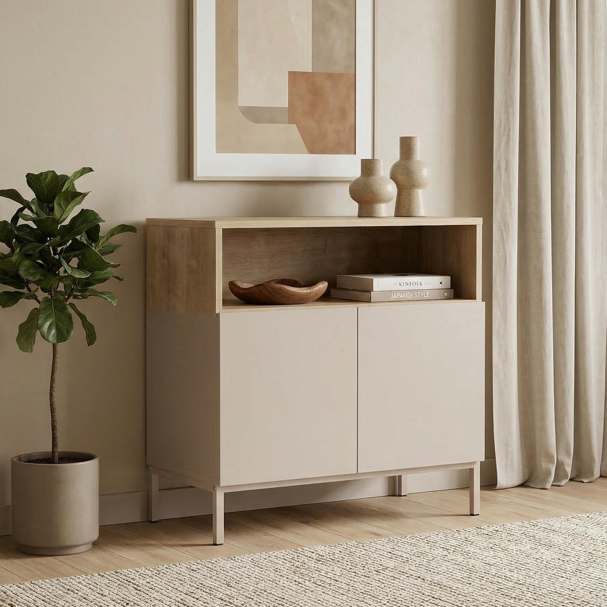 SIDEBOARD 2 Türen Fach Kaschmir- und Holzdekor 40/80/80 cm - Beige, Holzwerkstoff (40/80/44cm) - Calicosy