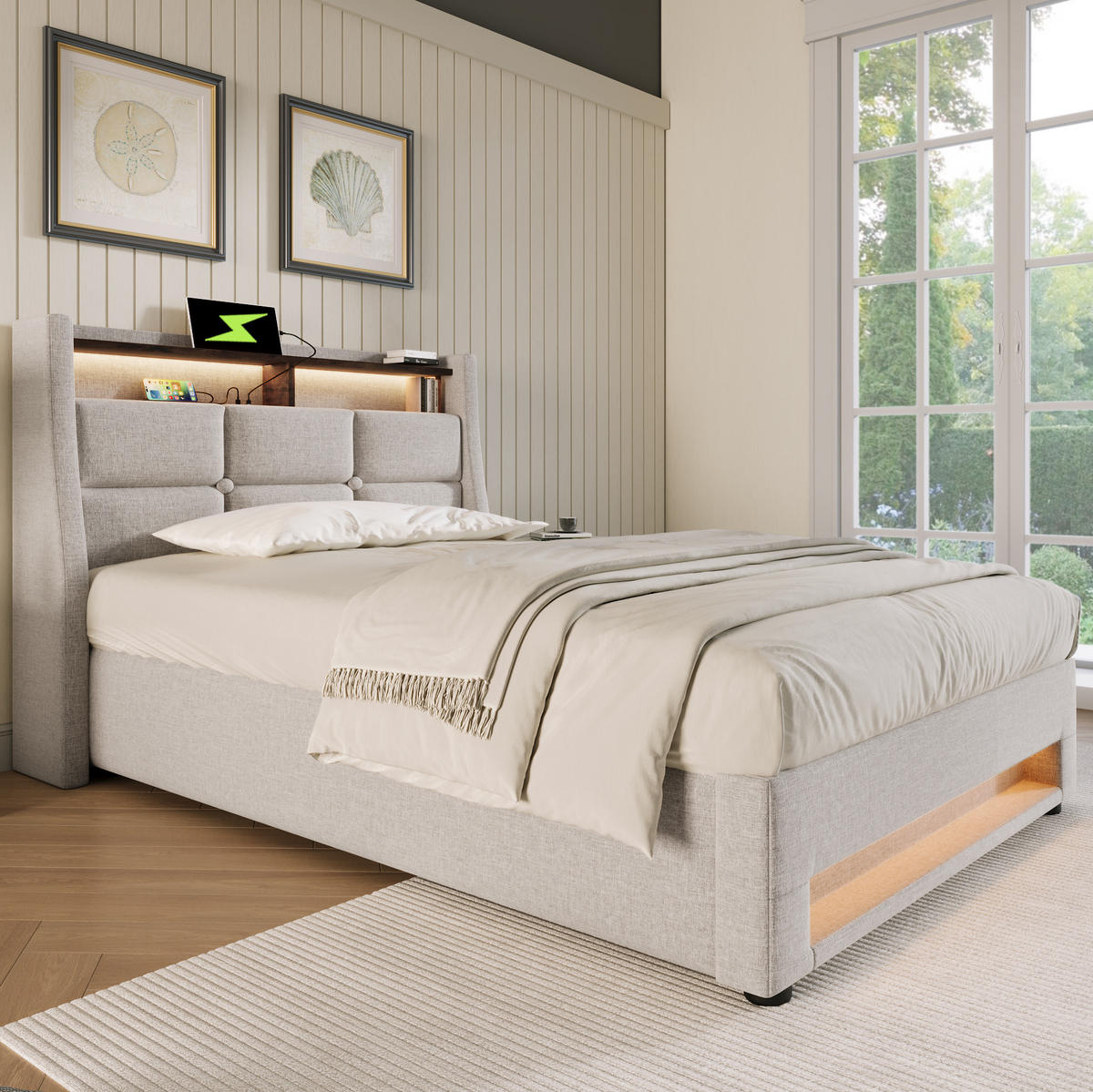 POLSTERBETT 90/200 cm Beige mit LED, USB und Stauraum - Beige, Textil (90/200cm) - Flora Grace