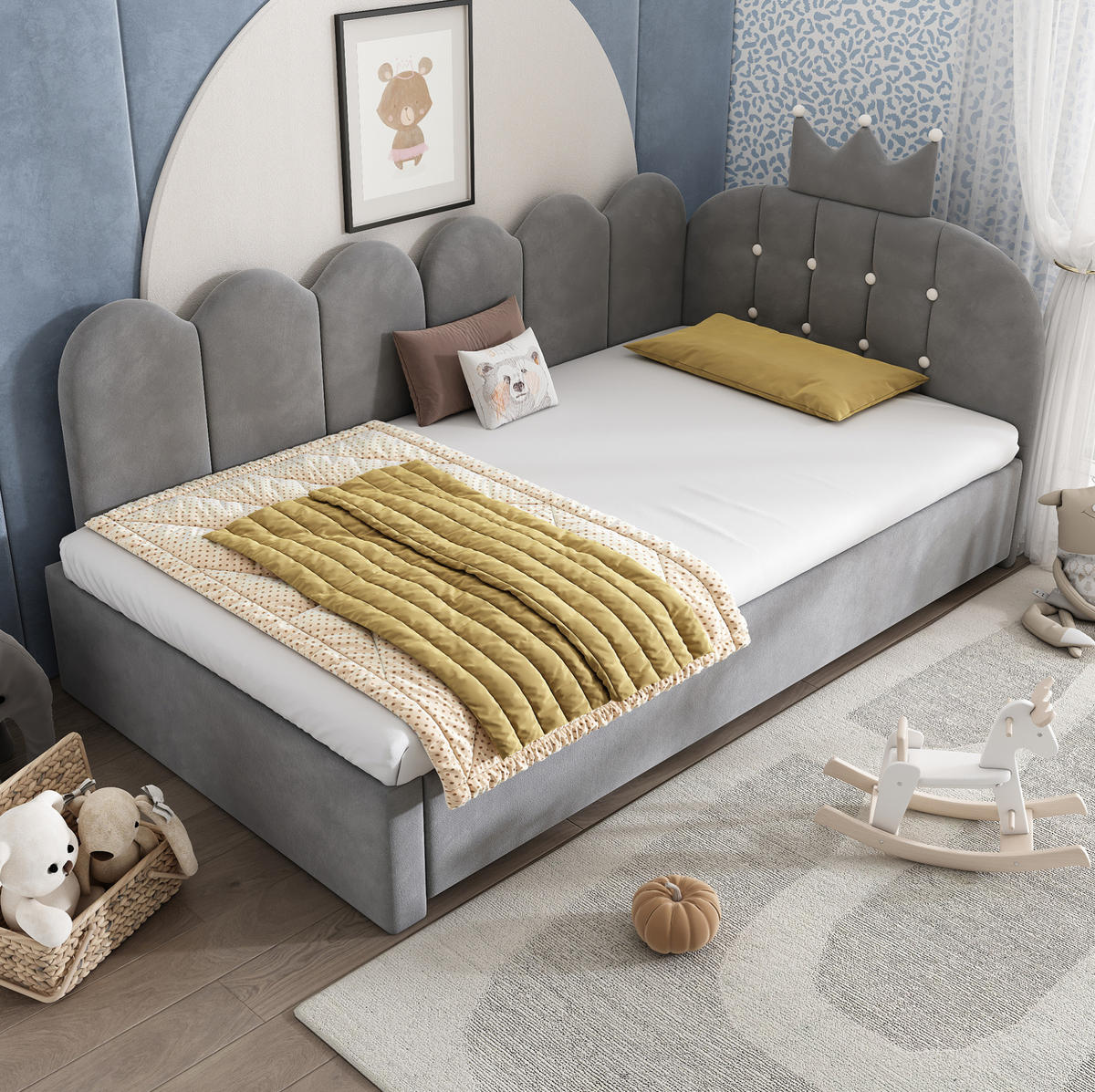 POLSTERBETT 90/200 cm Grau aus Samt mit Ausziehbett - Grau, Textil (90/200cm) - OKMYHOME