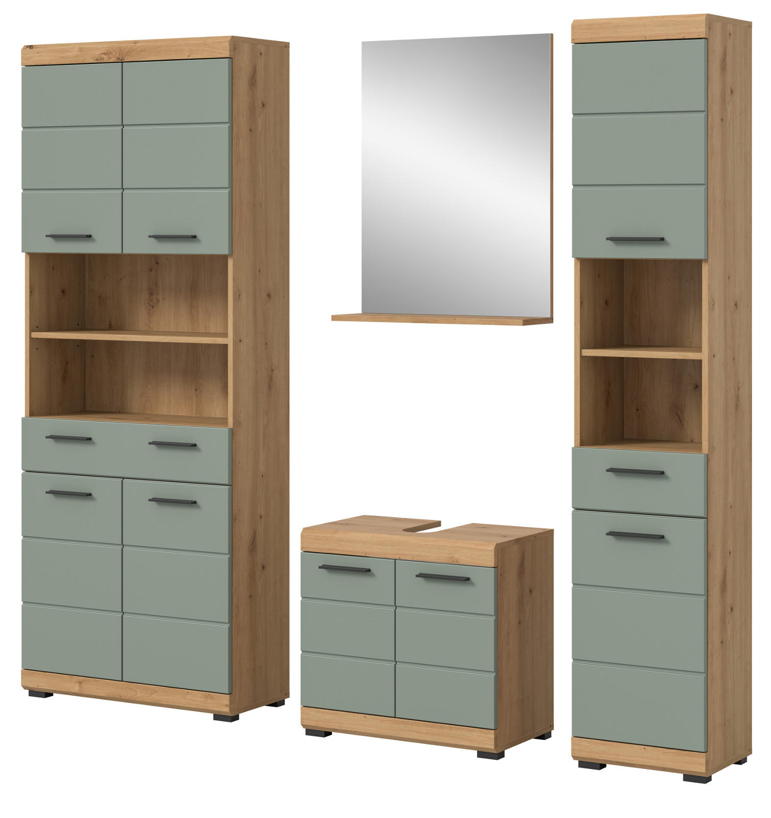 BADMÖBEL-SET Salbei grün, Eiche Artisan 4-teilig 200 cm, Komplettset mit viel Stauraum - Salbeigrün/Schwarz, Glas/Holzwerkstoff (186/191/34cm) - Inn.Furn