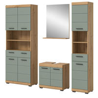 BADMÖBEL-SET Salbei grün, Eiche Artisan 4-teilig 200 cm, Komplettset mit viel Stauraum - Salbeigrün/Schwarz, Glas/Holzwerkstoff (186/191/34cm) - Inn.Furn
