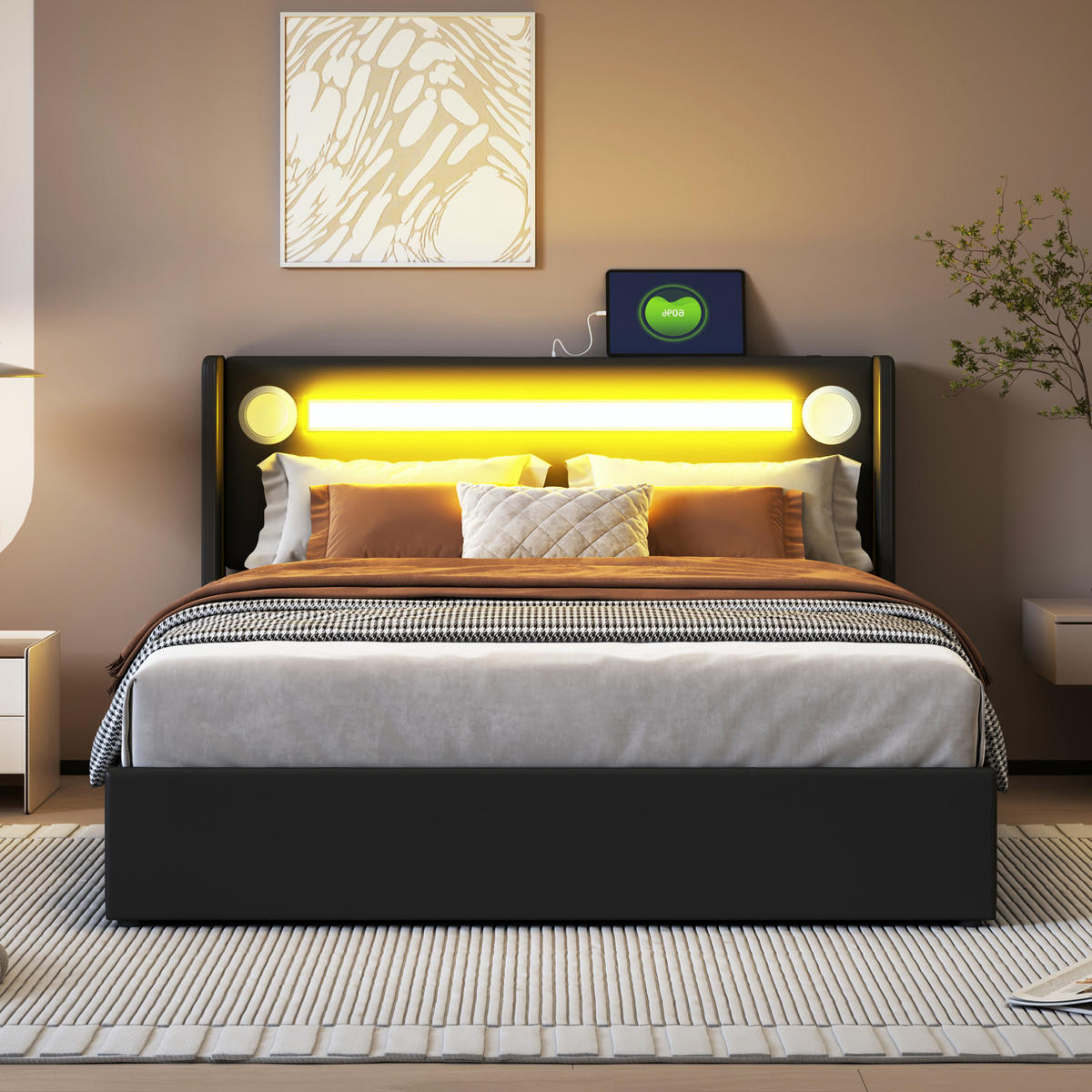 POLSTERBETT mit LED-Beleuchtung 140/200 cm mit Bettkasten und USB in Schwarz - Schwarz, Kunststoff (140/200cm) - BEAOK