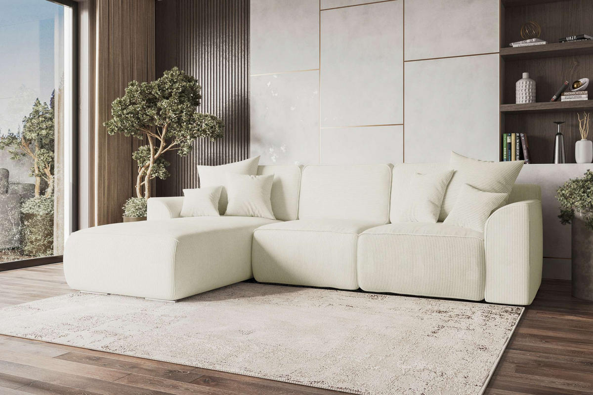 ECKSOFA GUSTO Cordstoff Creme Links inkl. Schlaffunktion - Chromfarben/Creme, Kunststoff/Textil (295/194cm) - 99rooms