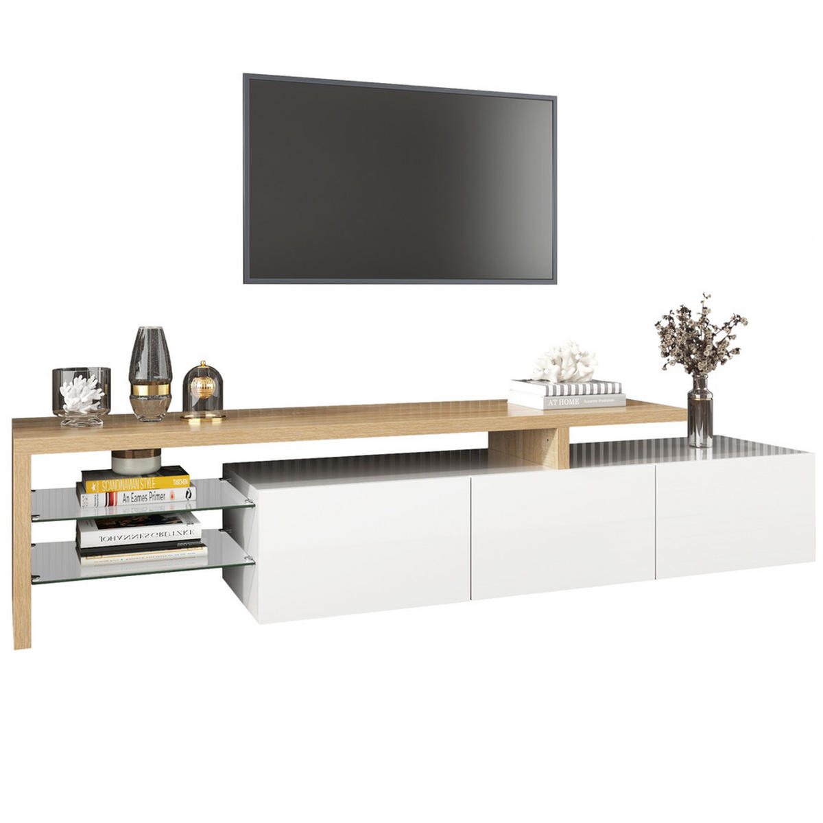 TV-SCHRANK Modern Hochglanzweiß Holzoptik Glasböden LED-Beleuchtung - Weiß, Holz (48/13/172cm) - FLIEKS