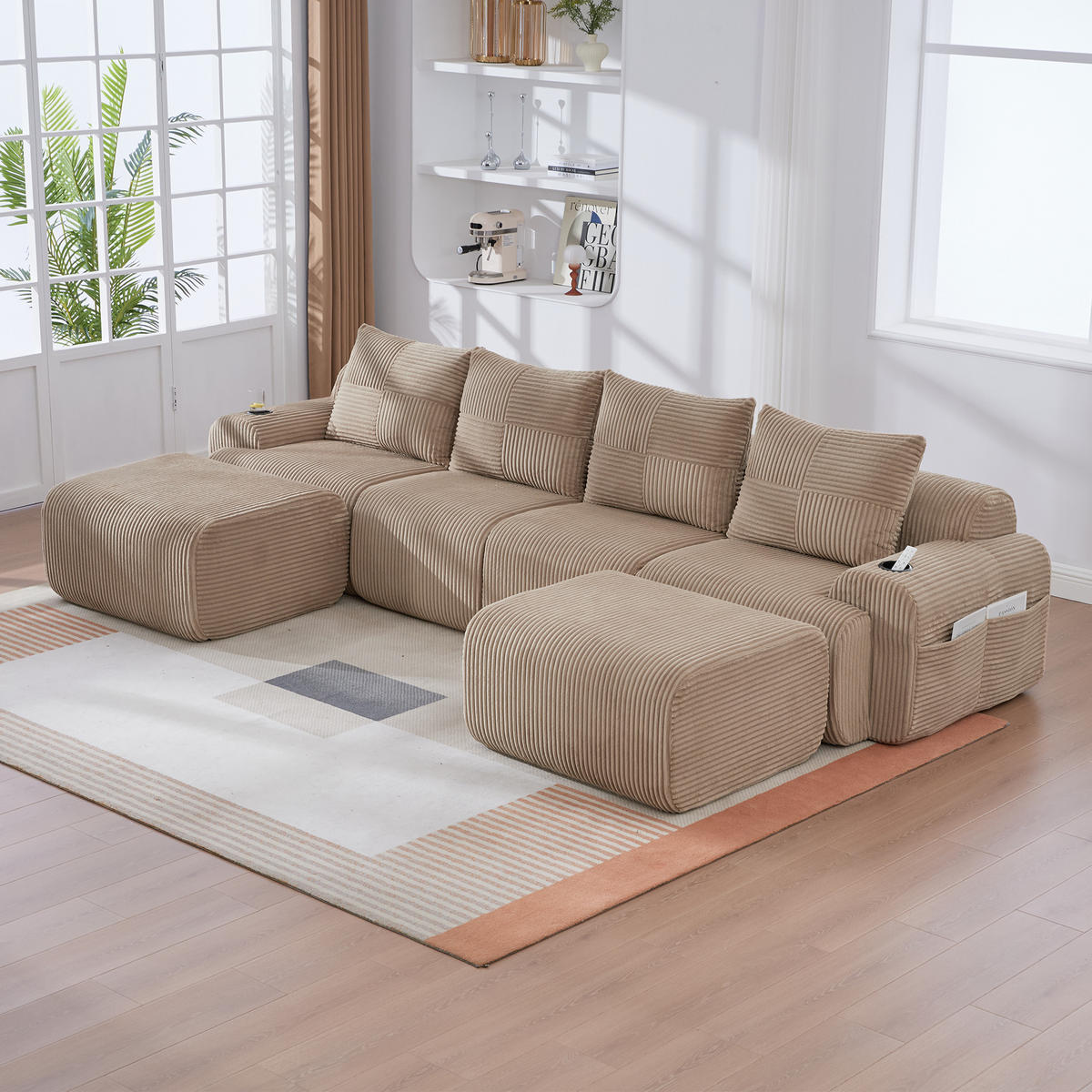 4-SITZER Wohnlandschaft Cord mit Getränkehalter und Seitentasche 333/174/80 cm Sandfarben - Sandfarben, Textil (174/80/333cm) - Redom