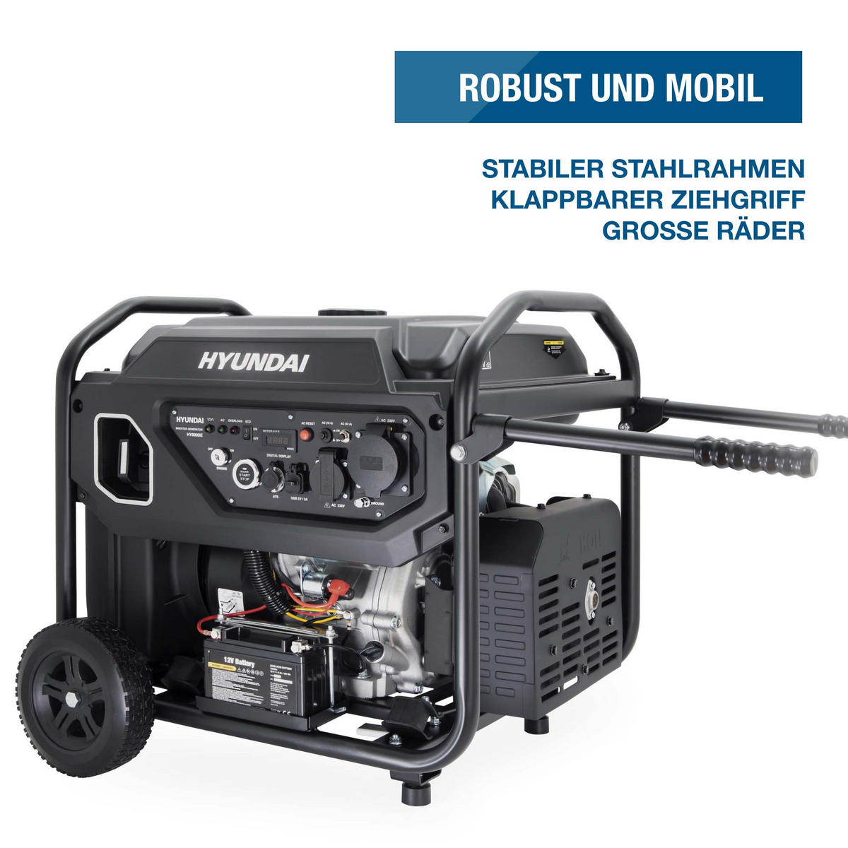 INVERTER-GENERATOR HY8000iE (8.0 kW, E-START, 2 x 230V, ECO-Modus) - Schwarz, Metall (63.5/52.5/56.8cm) - HYUNDAI