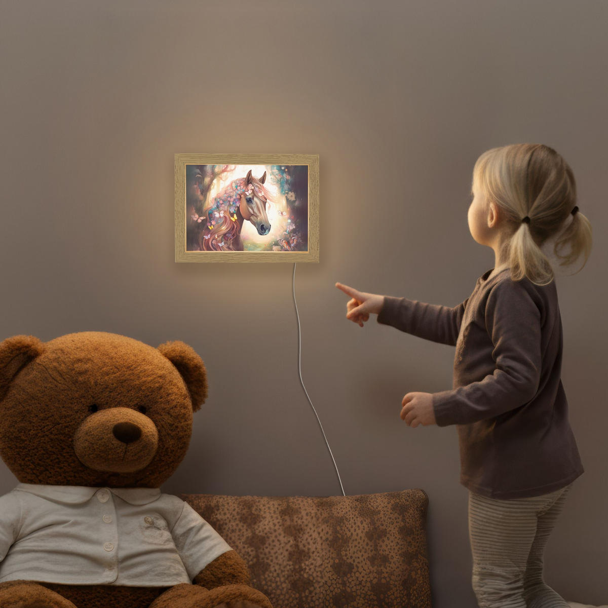 NACHTTISCHLAMPE Pferd - Natur - Blumen - Schmetterlinge - Wald 20x15 cm - Dunkelbraun, Holzwerkstoff (8/20/15cm)