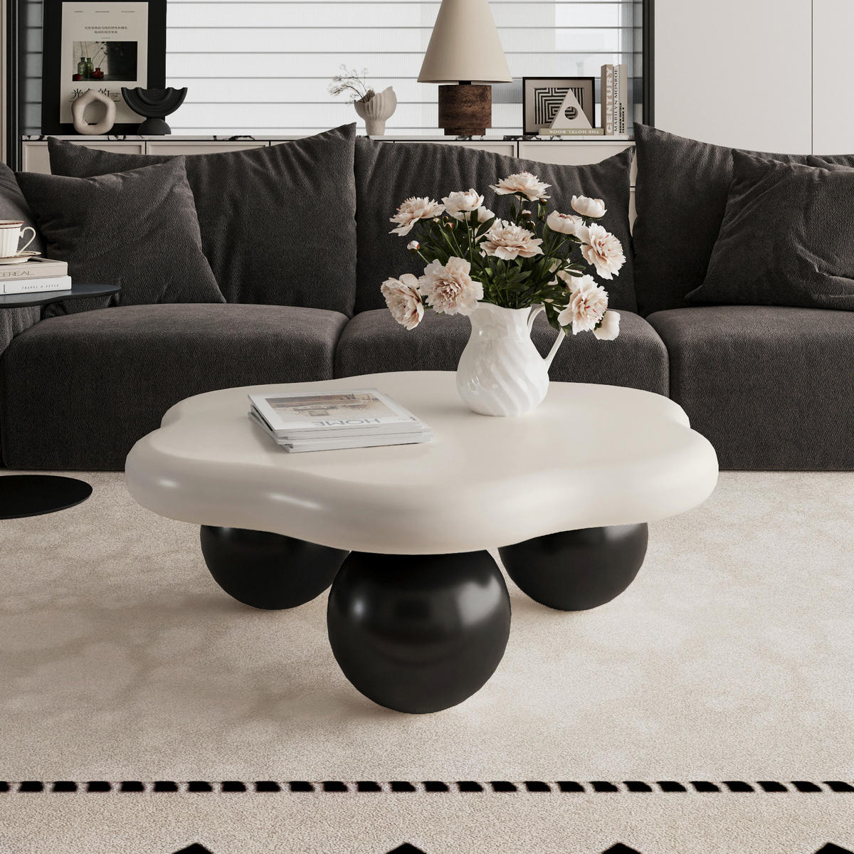 COUCHTISCH DE-37330 wolkenförmig mit Petal-Design und Kugelfüßen Weiß/Schwarz - Schwarz/Weiß, Holzwerkstoff (79/79/31cm) - ComfortXL