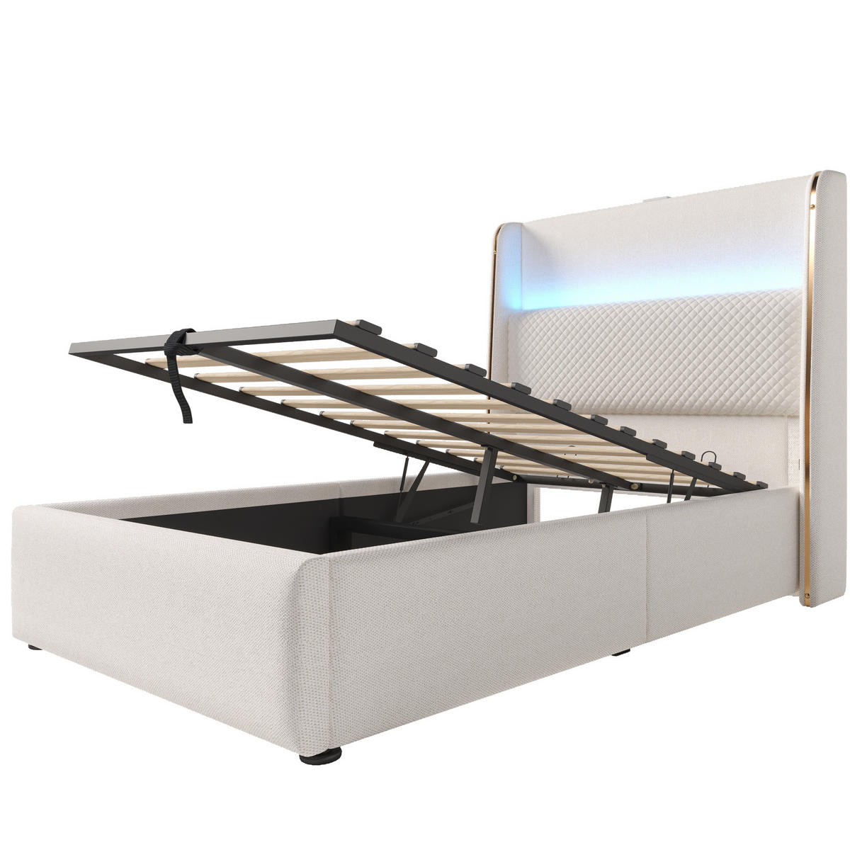 POLSTERBETT mit LED-Beleuchtung 90/200 cm mit Bettkasten und gepolstertem Kopfteil - Beige, Textil (90/200cm) - BEAOK