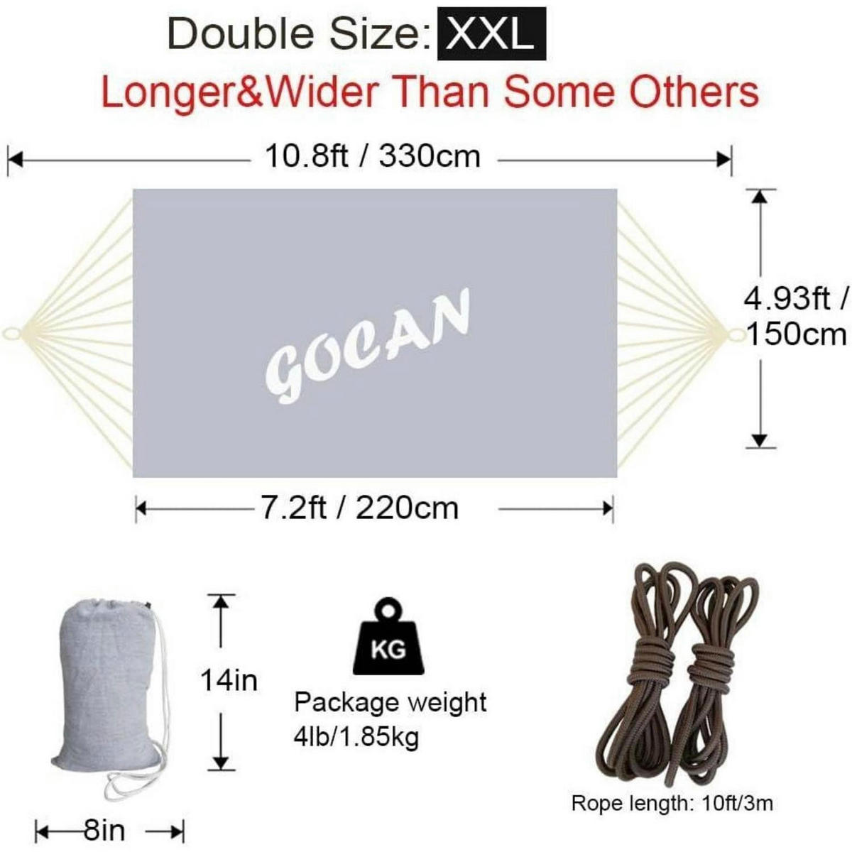 HÄNGEMATTE für 2 Personen 220 x 150 cm Leinwand-Baumwolle Grau XXL - Grau, Textil (150/2.5/220cm)