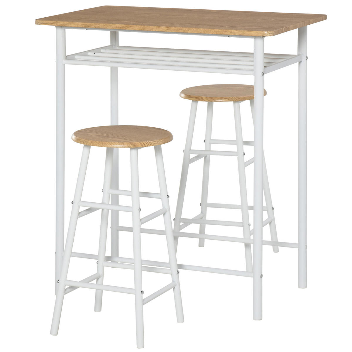 BARTISCH Set 3-teilig Küchentisch mit Stuhl Stehtisch Barhocker Stahl Weiß+Eiche - Weiß, Kunststoff (50/90/80cm) - HOMCOM