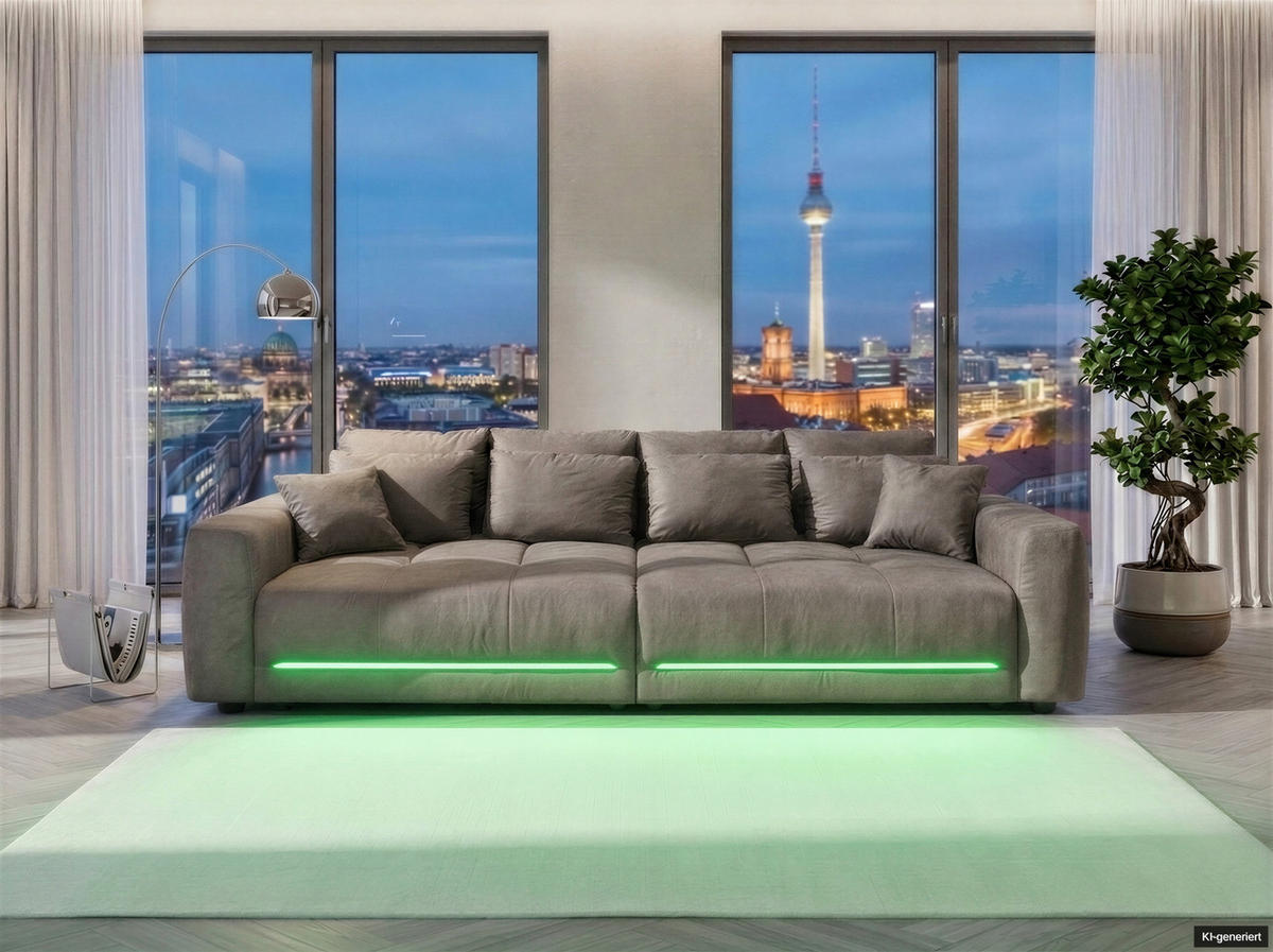 BIG-SOFA Federkern B294/T136/H86 cm, RGB-LED-Beleuchtung mit Fernbedienung, Mikrofaserstoff in Hellgrau / 15416 - Hellgrau/Schwarz, Kunststoff/Textil (294/86/136cm) - luma-home