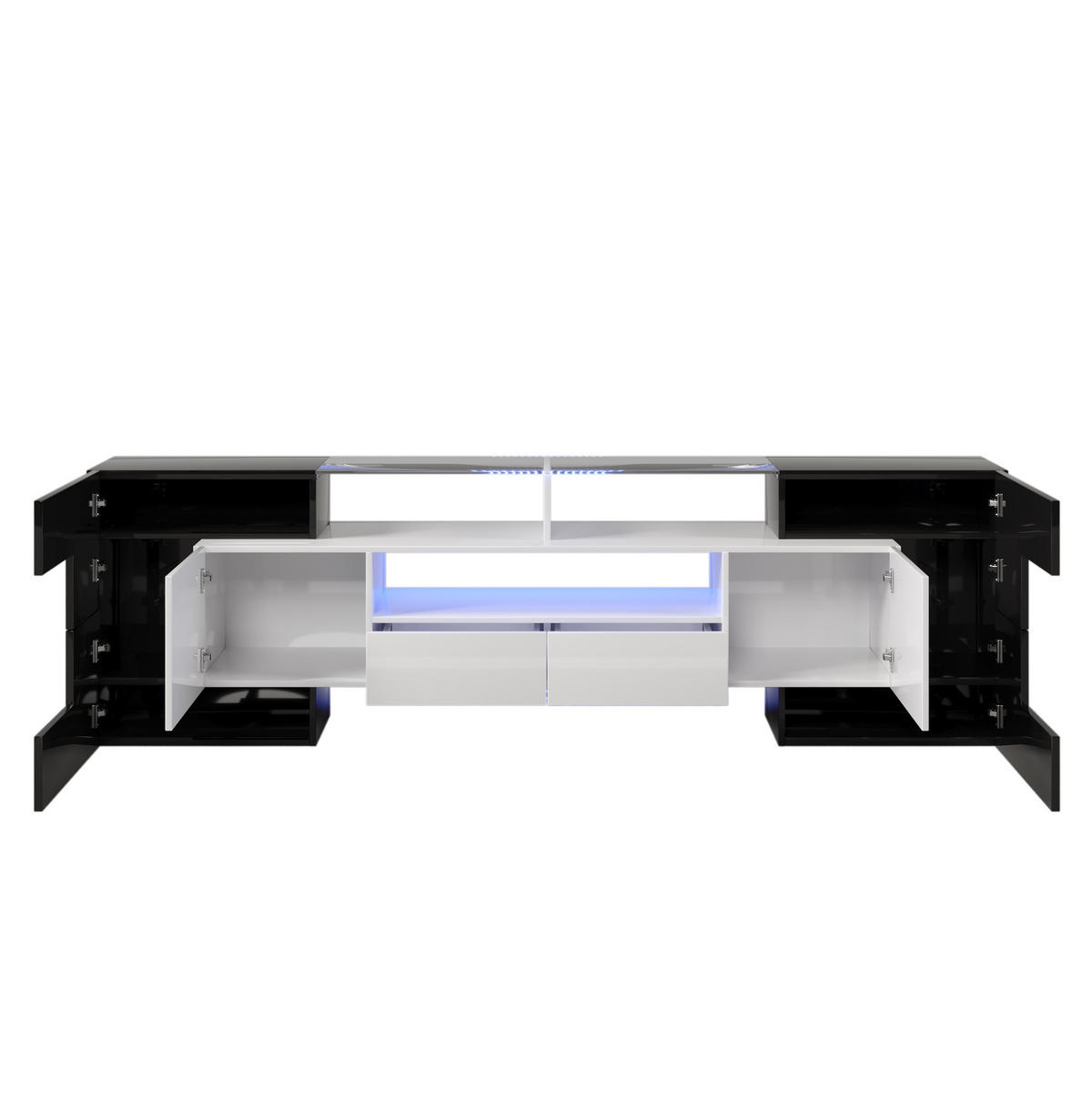 TV stolek 200/35/60 cm s LED osvětlením, vysoký lesk, skleněná plocha a úložný prostor, Černá a bílá - černá, kompozitní dřevo (200/60/35cm) - Redom