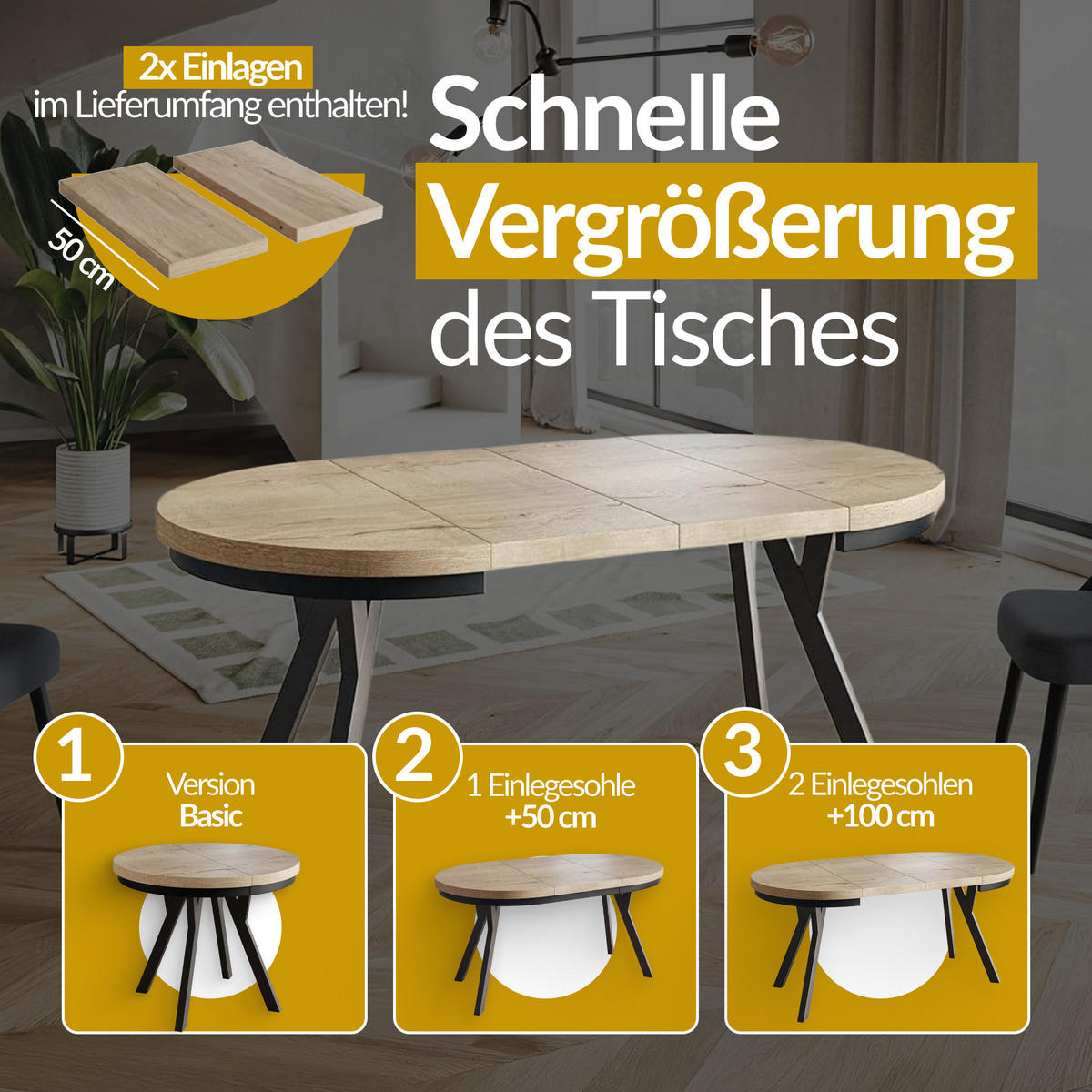 RUNDER Esstisch ausziehbar – Moderner Wohnzimmertisch und Küchentisch – Tisch mit Stabile Konstruktion, Durchmesser 80 cm - 130 cm - Farbe Artisan - Hellbraun/Schwarz, Holzwerkstoff (80/80/77cm) - Alpi-Möbel