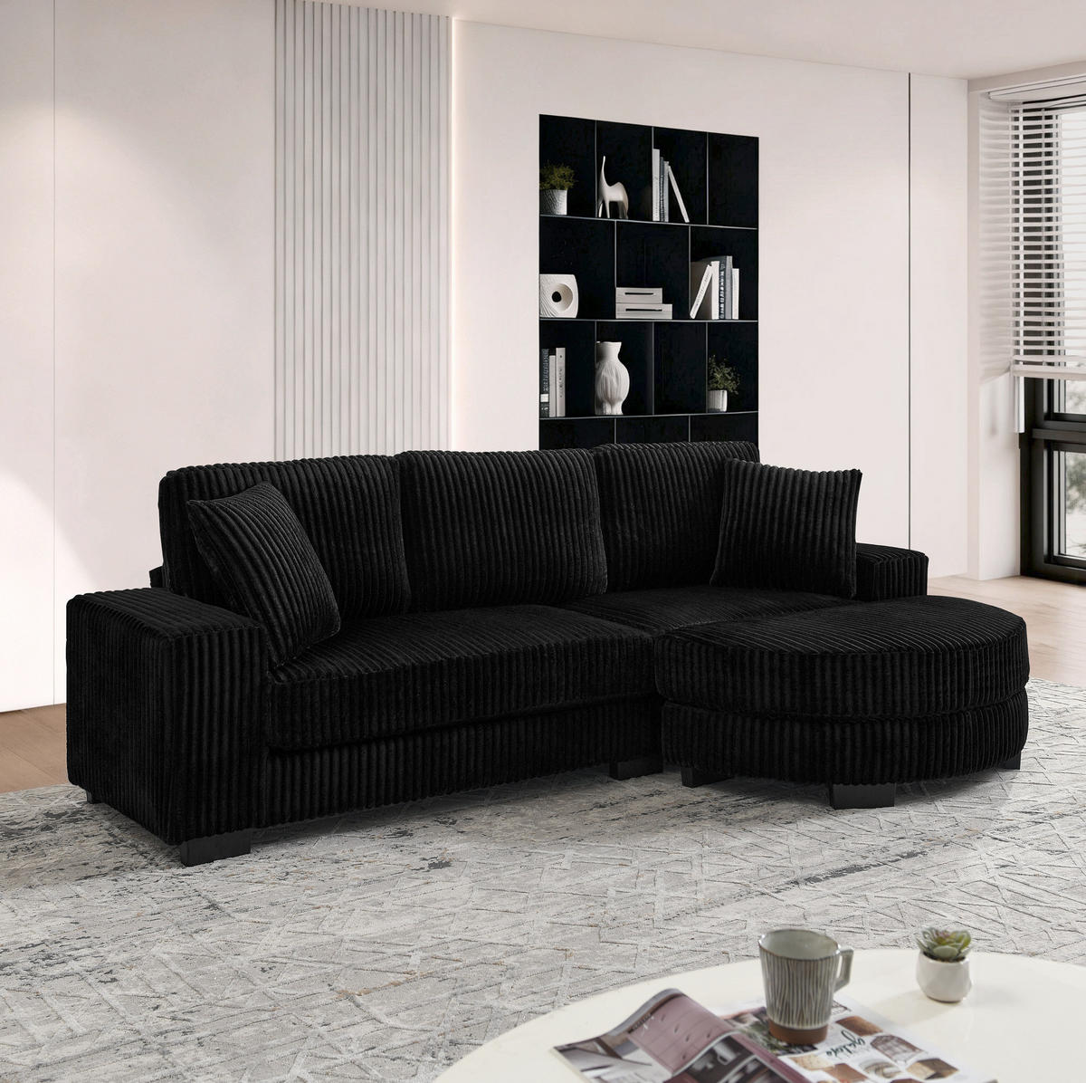 ECKSOFA 256,5/133,5/89 cm schwarz aus Corduroy mit Hocker - Schwarz, Kunststoff (133.5/256.5cm) - OKWISH