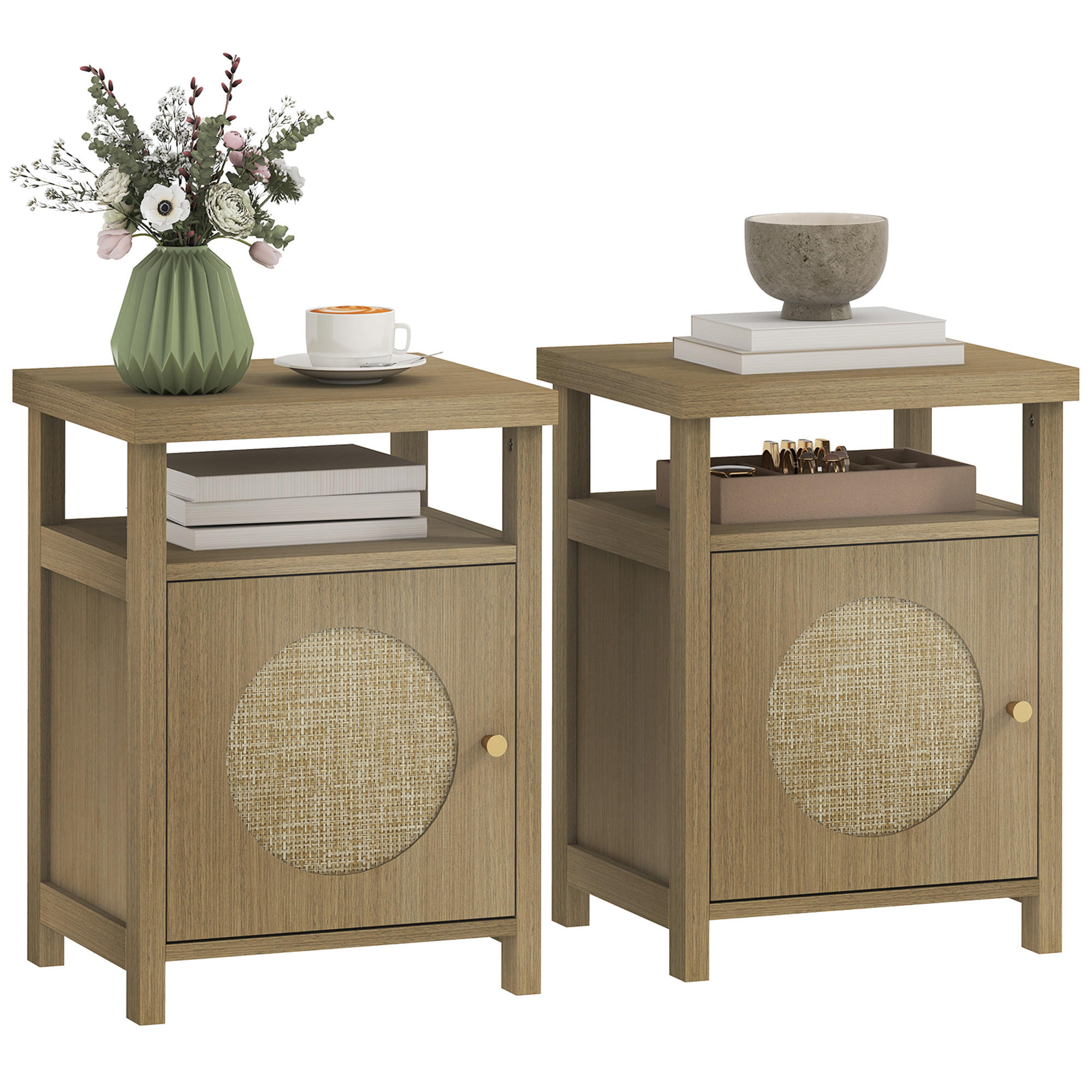NACHTSCHRANK 2er-Set DE-12898 Rattantür und offenes Fach Braun - Braun, Holzwerkstoff (35/55/40cm) - ComfortXL