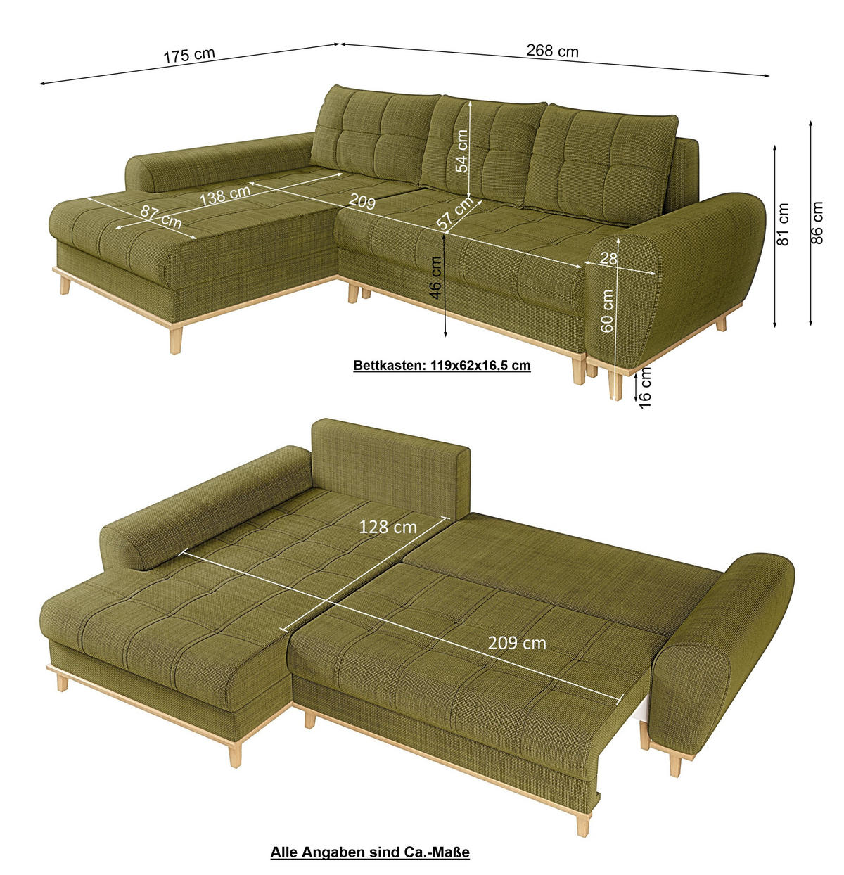 ECKSOFA im Scandi-Stil, Schlaffunktion, Bettkasten B268/T175/H86 cm, Ottomane links, Liegefl. 128x209 cm, Bouclé Chenille Stoff in Grün / 21016 - Eichefarben/Grün, Holz/Textil (268/175cm) - luma-home