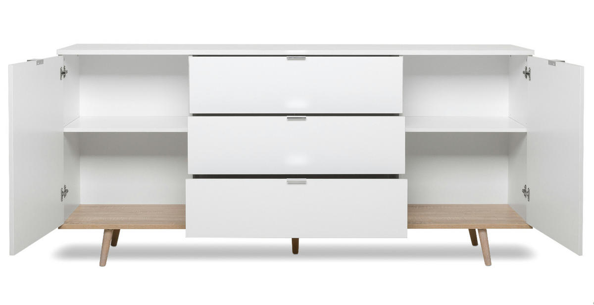 SIDEBOARD weiß matt, Eiche 180 cm skandinavisch, Kommode 2-türig - Chromfarben/Eichefarben, Holz/Holzwerkstoff (180/87/40cm) - Furn.Design