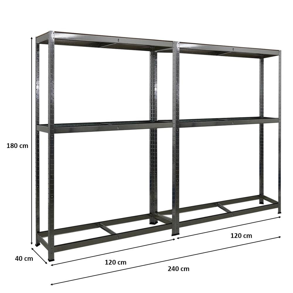 REIFENREGAL Ragnar 2er-Set mit 2x 180x120x40 cm bis zu 8 Reifen auf 2 Ebenen + Ablage 265 kg Fachlast Verzinkt - Silberfarben, Metall (240/180/40cm) - PROREGAL