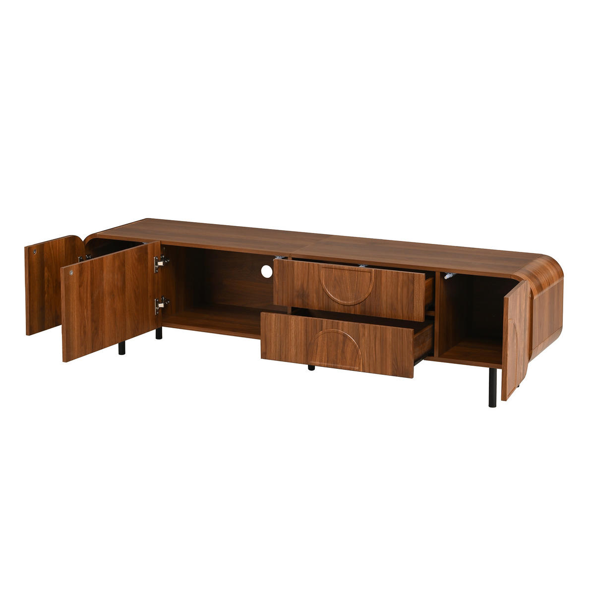 TV STOLEK se 3 dvířky, 2 zásuvkami, kabelovými průchodkami a kovovými nohami ve stylu Mid-Century - hnědá, kompozitní dřevo (180/47.5/40cm) - EVRYAE