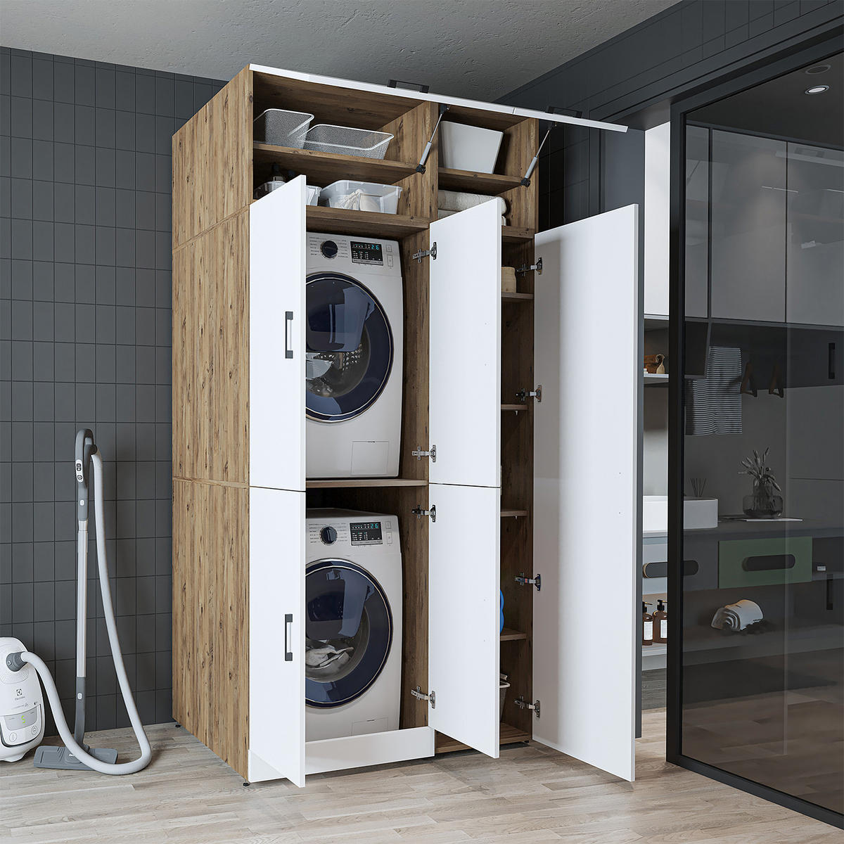 WASCHMASCHINENSCHRANK DORA-II 115cm Breit, 230cm Hoch - Eiche Bianco, Holzwerkstoff (115/230/73.8cm)