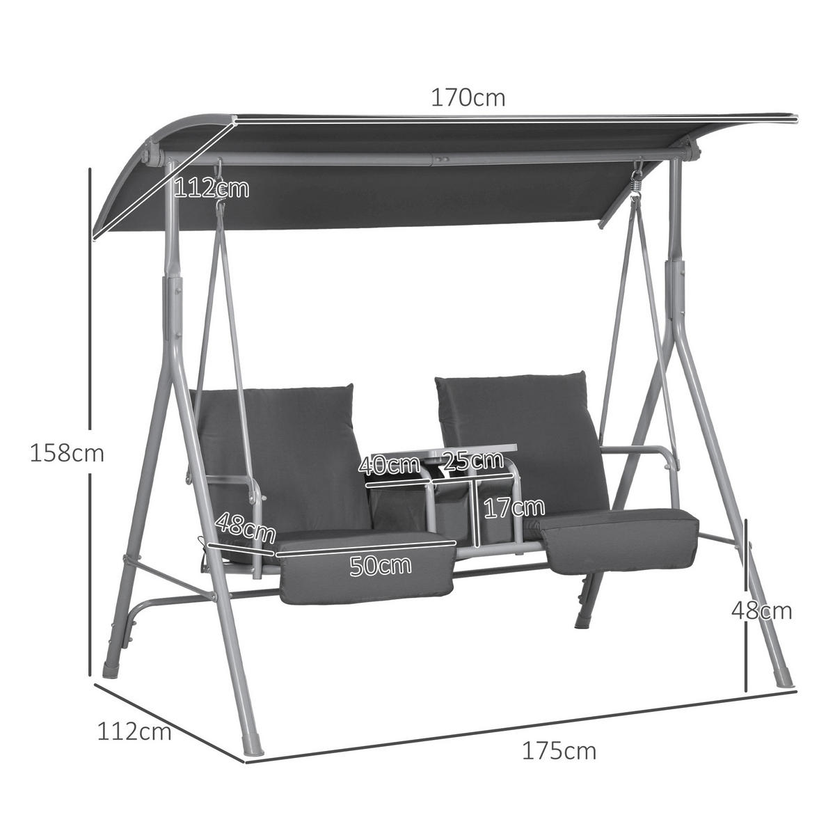HOLLYWOODSCHAUKEL 175/110/165 cm aus Metall mit Sonnendach, Mitteltisch und gepolsterten Sitzen, Schwarz - Schwarz, Metall (112/158/175cm) - Redom