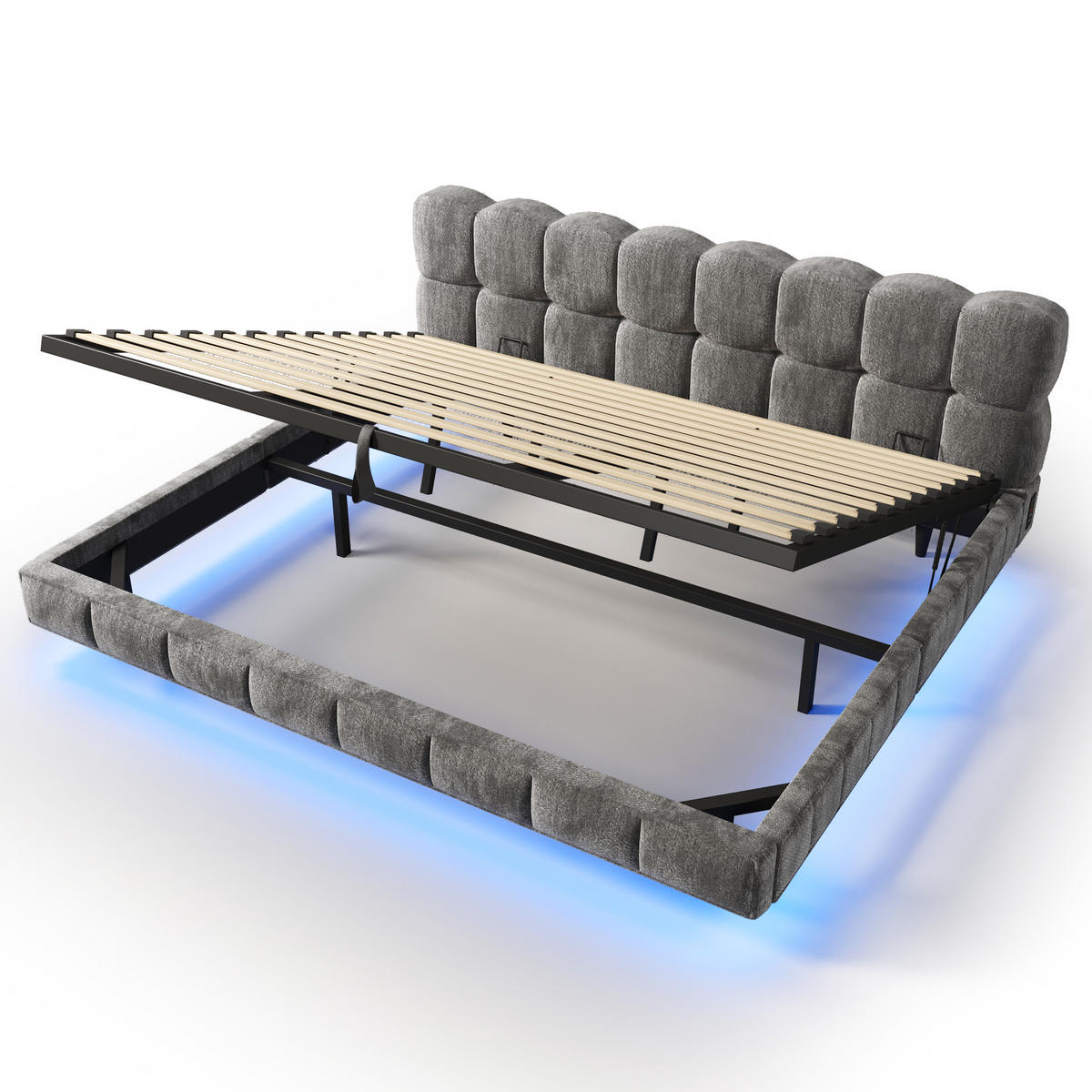 ČALÚNENÁ POSTEĽ 180 × 200 cm v sivej farbe s úložným priestorom, LED osvetlením a USB, zo ženilky - čierna/sivá, kov/kompozitné drevo (180/200cm) - CHICFURN