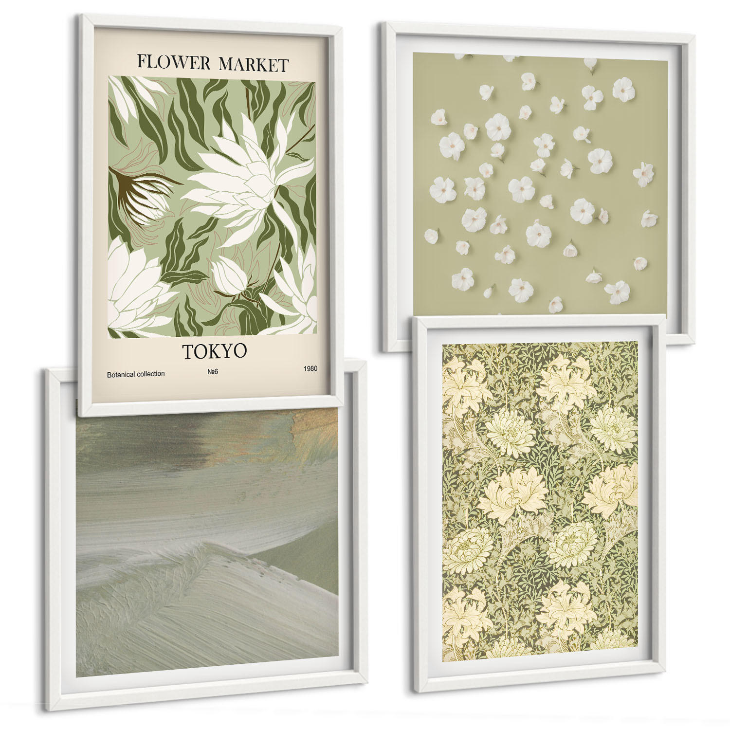 BILDER SET 4er Set - 50x50 cm & 40x60 cm Weißer Rahmen - Florale Abstraktionen im Boho-Stil - Weiß, Kunststoff (50/50cm) - TULUP