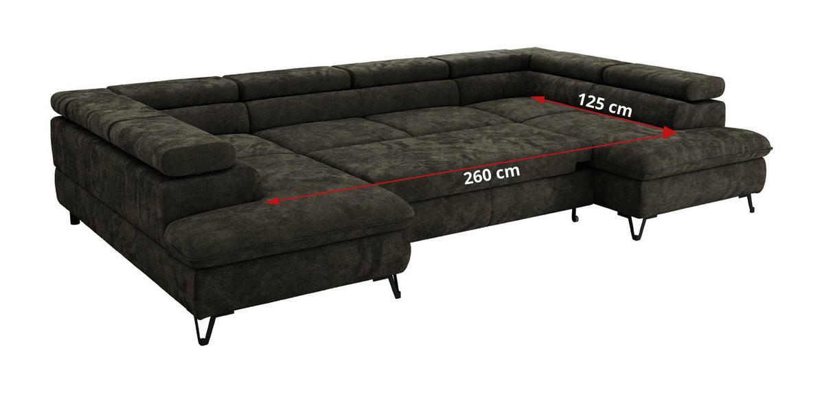 WOHNLANDSCHAFT PABLO U Schenille glatt Dunkelgrau mit Topper Visco - Dunkelgrau/Schwarz, Textil/Metall (346/76/208cm) - MKS