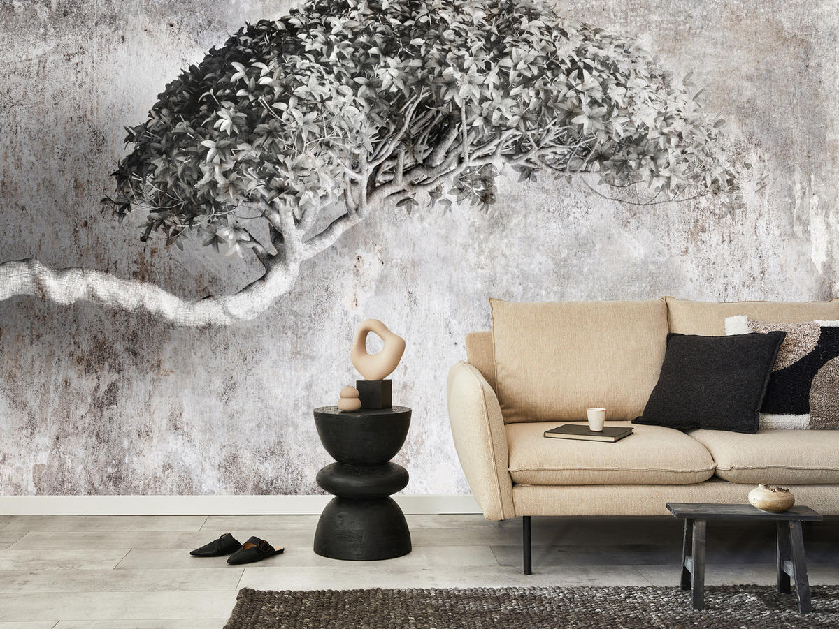 FOTOTAPETE Abstrakter Baum Beton Vintage Grau Blätter Natur 500x350 - Schwarz/Grau, Papier (500/350cm) - Muralo