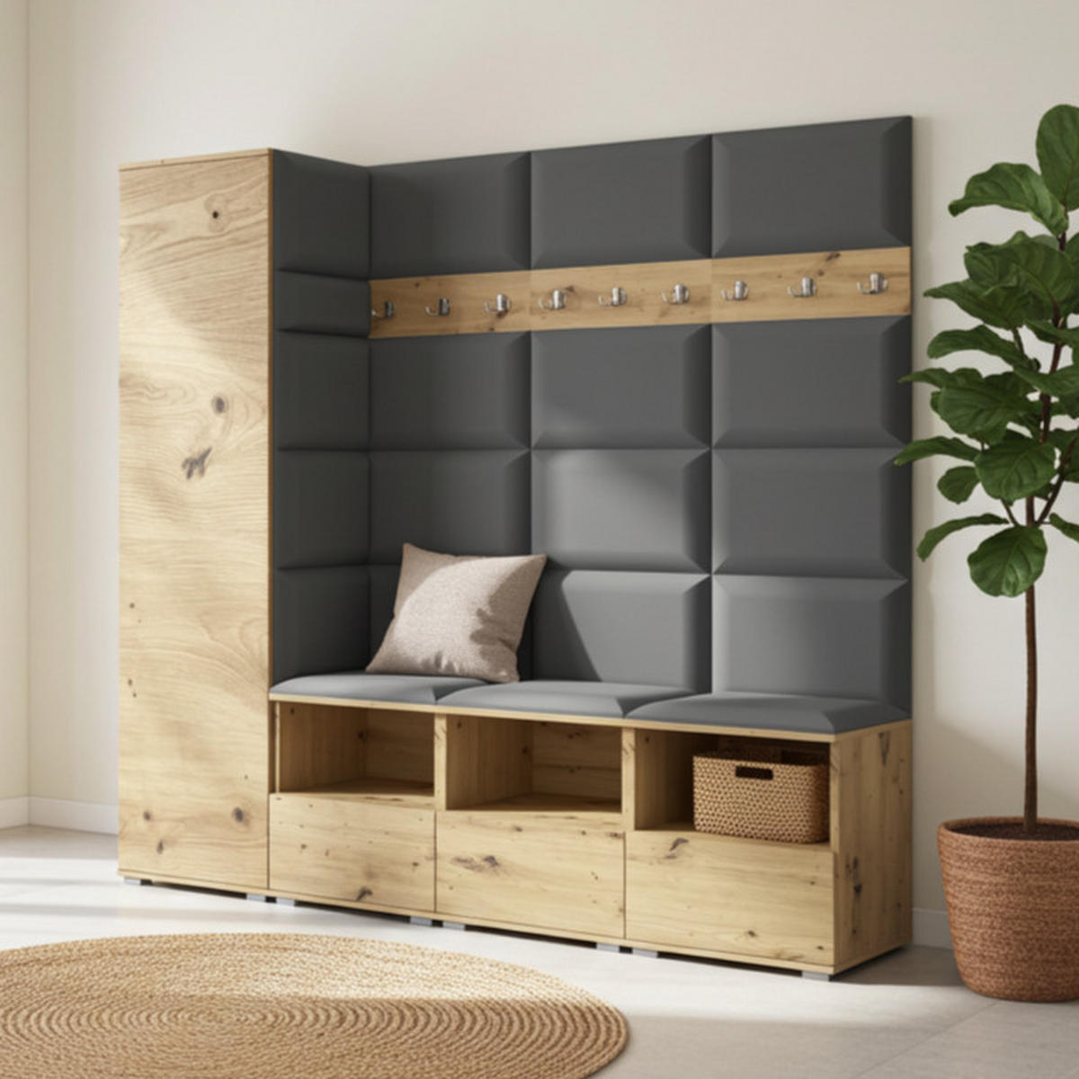 GARDEROBE NELA IX 200 cm (Modulare Flurmöbel Artisan Eiche mit Sitzpolster Dunkelgrau 15 Breite Sitzbank) - Dunkelgrau/Silberfarben, Holz/Holzwerkstoff (200/187/40cm) - Ravio