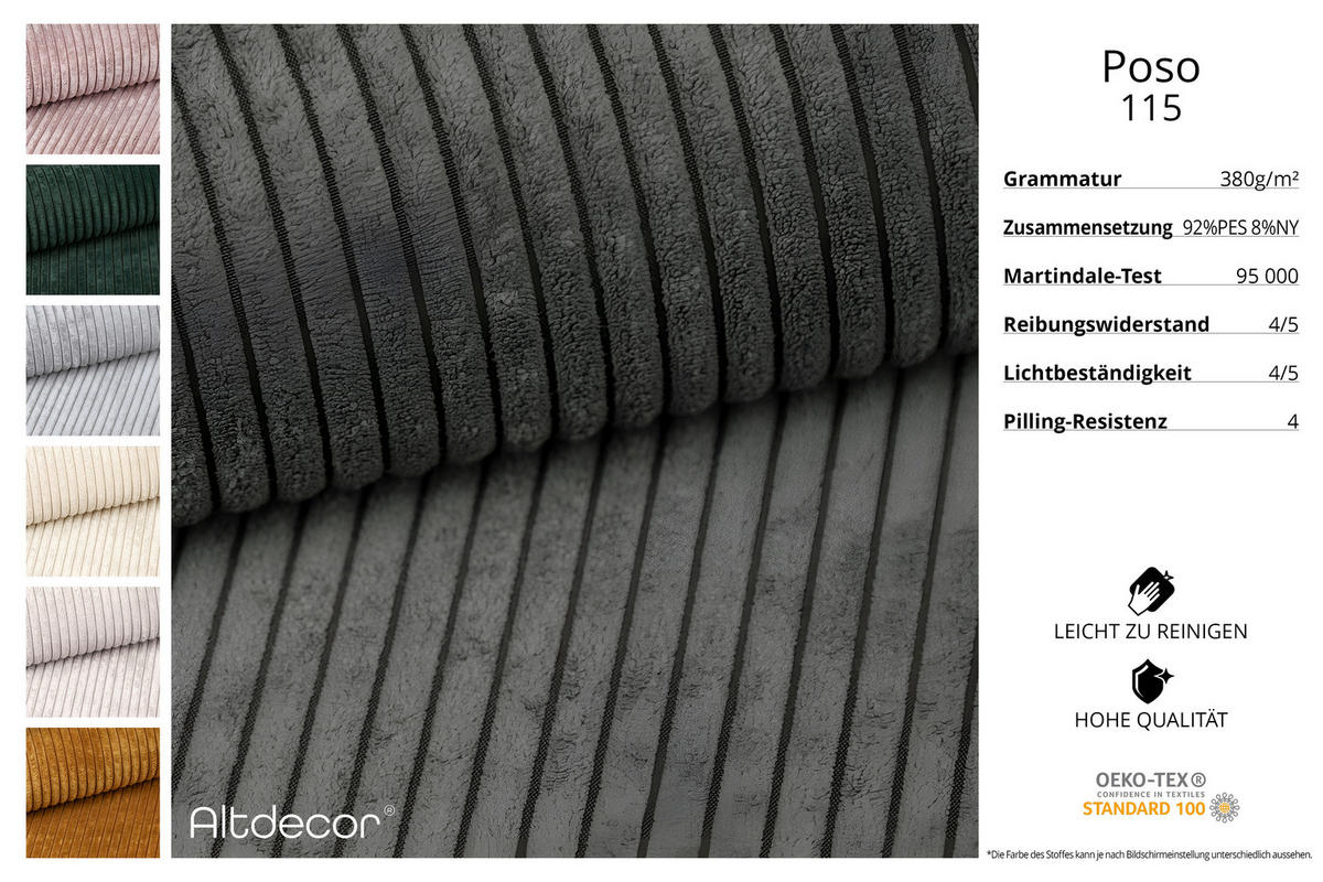 WOHNLANDSCHAFT SIERRA-U - 344x165x73 cm Dunkelgrau Cord - Dunkelgrau/Schwarz, Holzwerkstoff/Kunststoff (344/73/165cm) - ALTDECOR