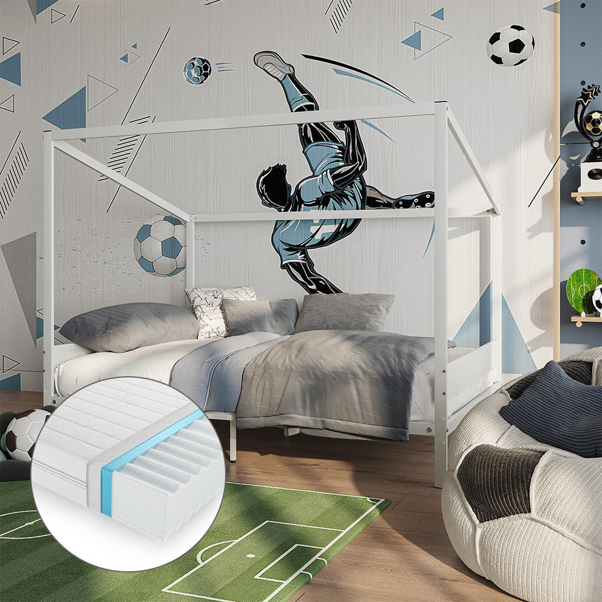 KINDERBETT Goal, Weiß/Schwarz, 140x200 mit Matratze - Schwarz/Weiß, Metall - VitaliSpa