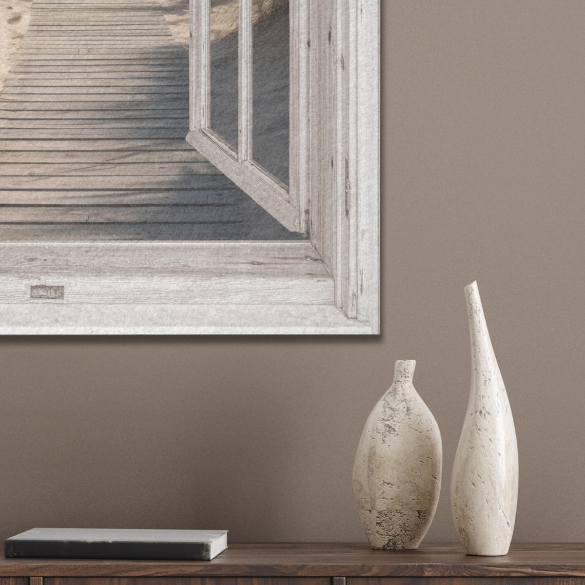 AKUSTIKBILD Fenster - Meer - Küste - Natur - Ausblick - Strand - Wattenmeer Kunstdruck Schlafzimmer 50x70 cm - Beige, Kunststoff (50/70/0.9cm) - MuchoWow