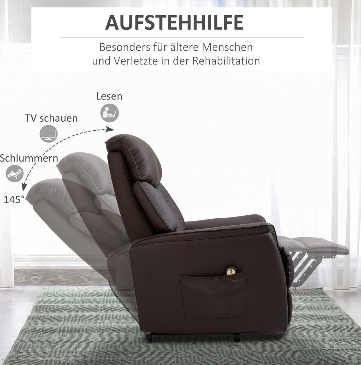 ELEKTRISCHER Aufstehsessel mit Liegefunktion, Fußstütze 80/94/104 cm Braun - Braun, Kunststoff (94/104/80cm) - Redom