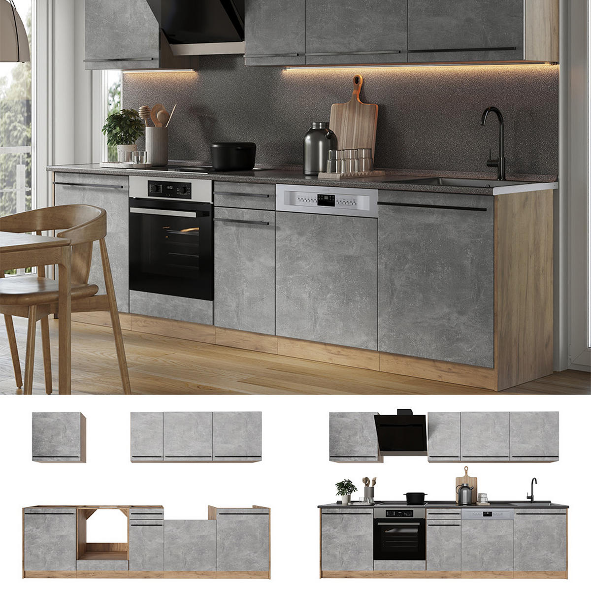 KÜCHENZEILE R-Line, Beton/Goldkraft Eiche, 280 cm Arbeitsplatte Goldkraft Eiche - Honigeiche/Grau, Holzwerkstoff (280/206.8/60cm) - Vicco