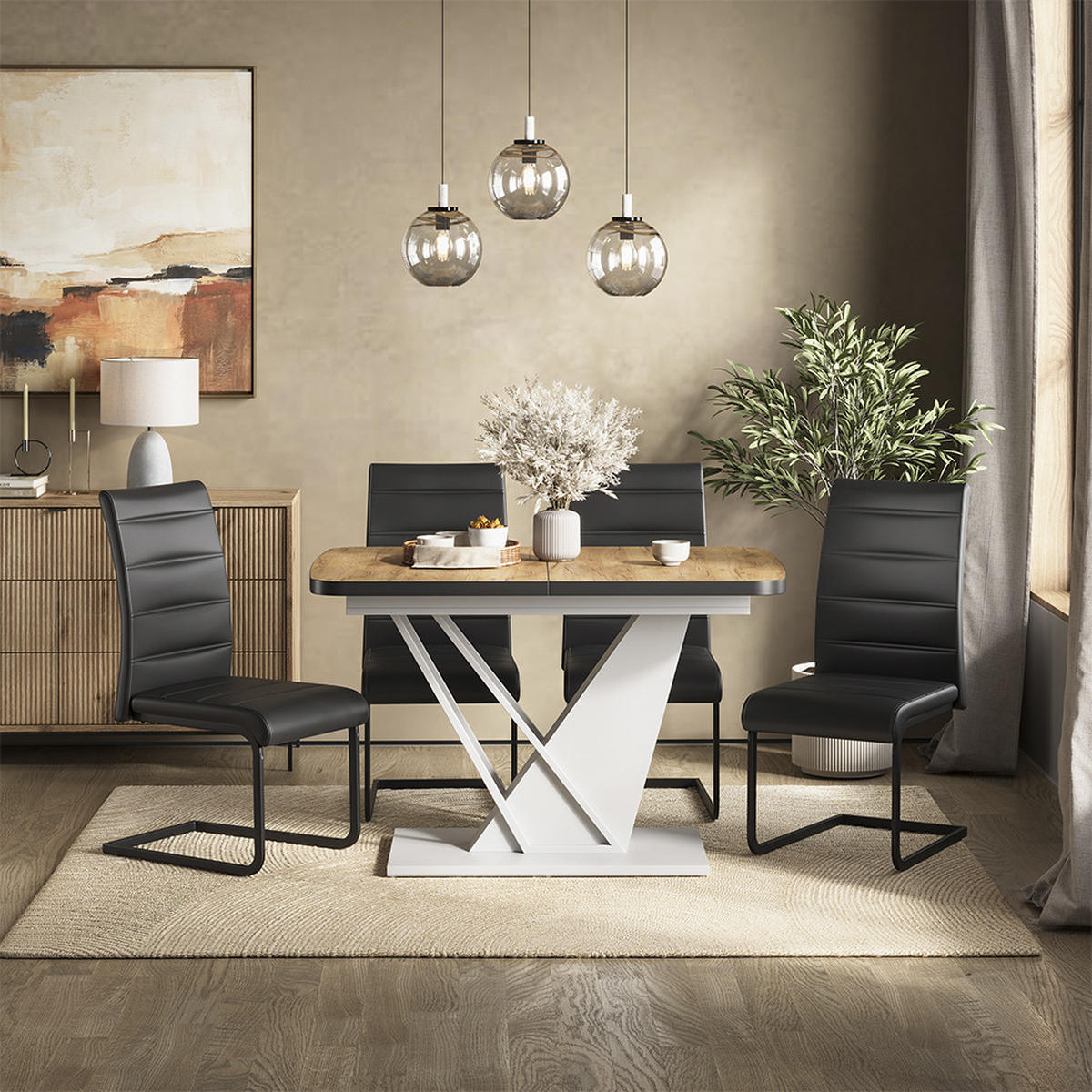 SÚPRAVA JEDÁLENSKÉHO STOLA Fenaro, Dub Goldkraft/biely, 120 x 80 cm so 4 jedálenskými stoličkami, čierne - biela/dub medový, kompozitné drevo (120/76/80cm) - Vicco